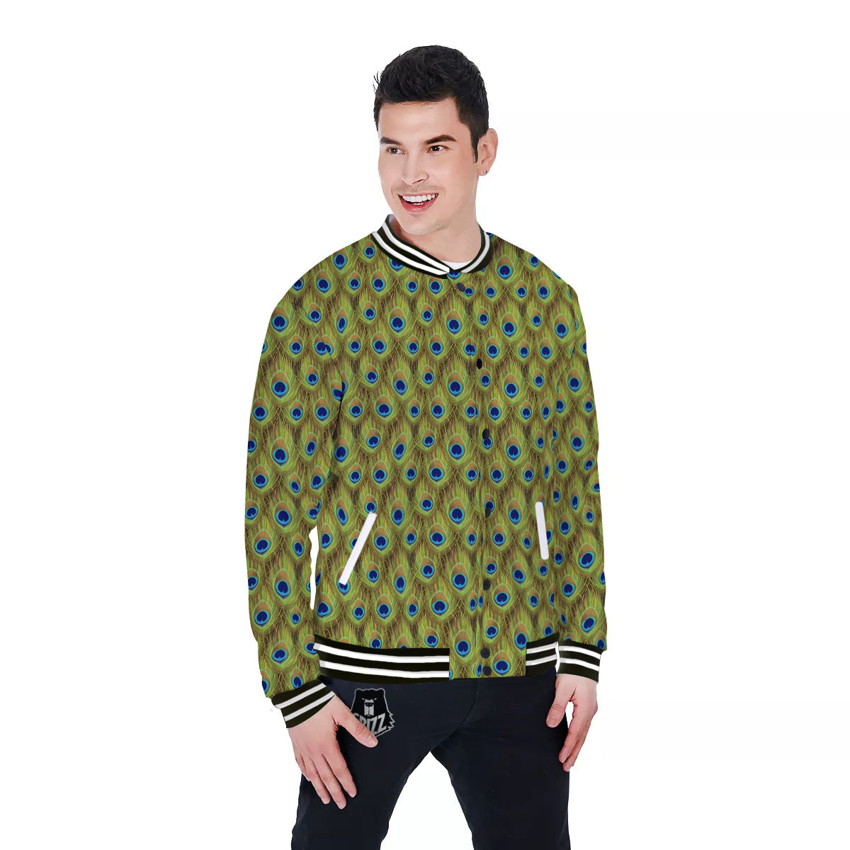 Peacock Feather Boho Print Pattern Baseball Jacket-grizzshop