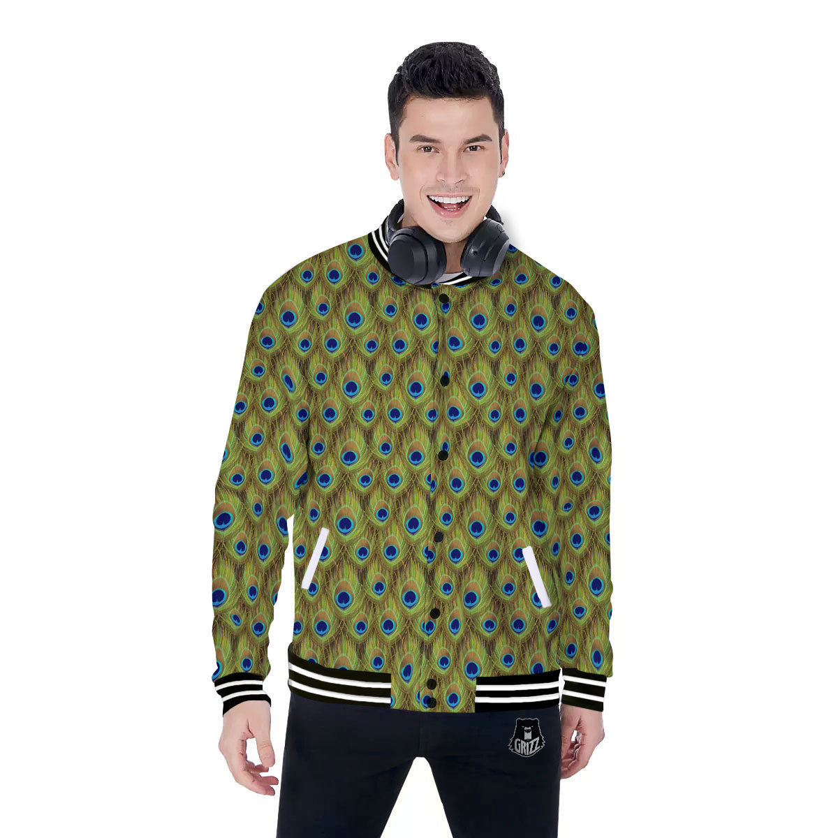 Peacock Feather Boho Print Pattern Baseball Jacket-grizzshop