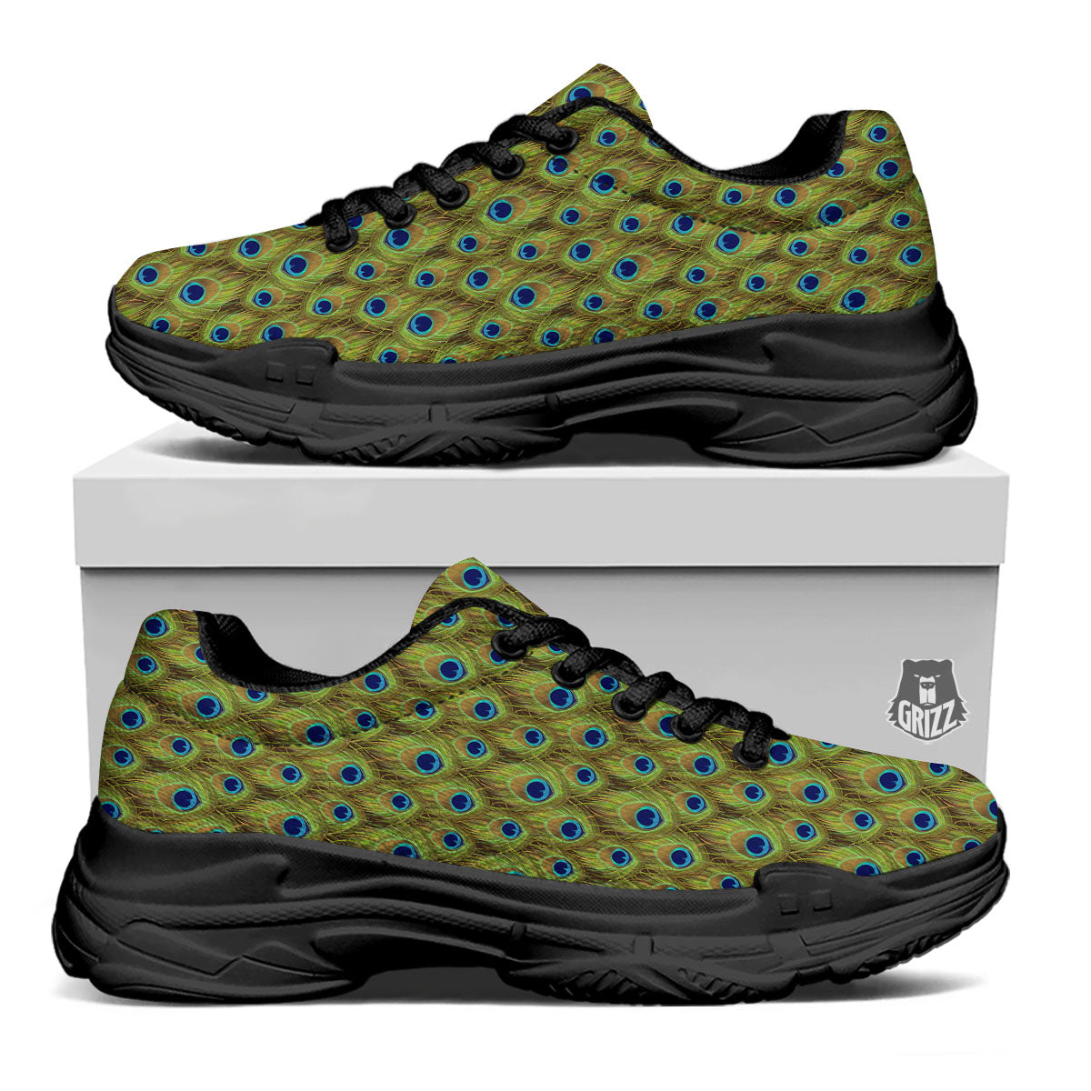 Peacock Feather Boho Print Pattern Black Chunky Shoes-grizzshop