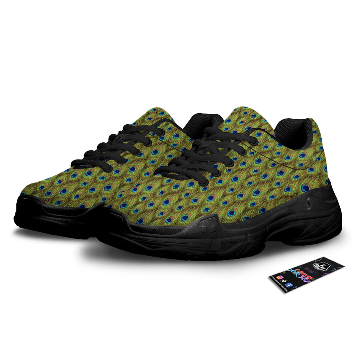 Peacock Feather Boho Print Pattern Black Chunky Shoes-grizzshop