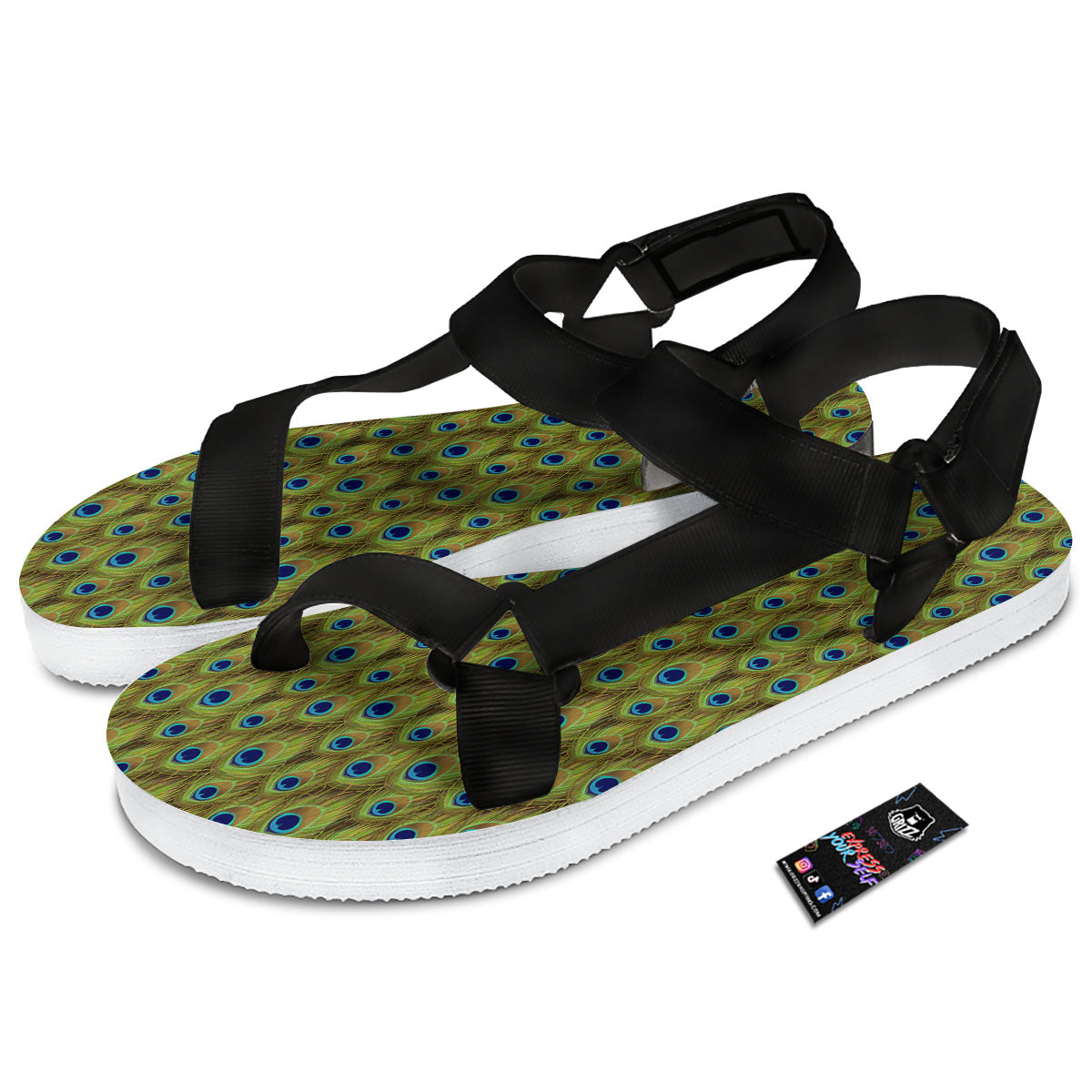 Peacock Feather Boho Print Pattern Black Open Toe Sandals-grizzshop