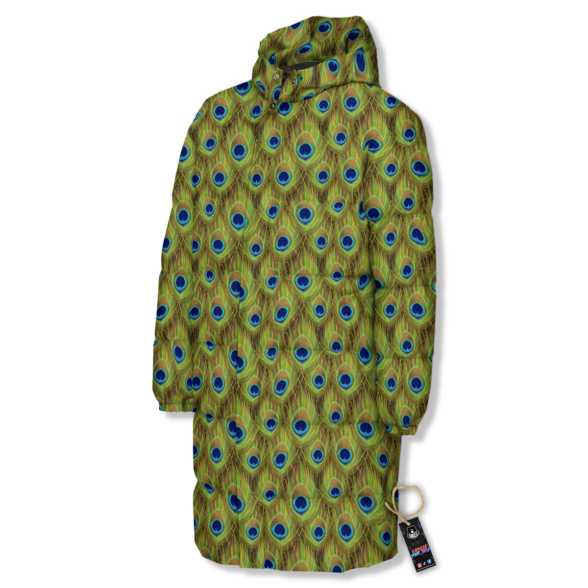 Peacock Feather Boho Print Pattern Long Down Jacket-grizzshop