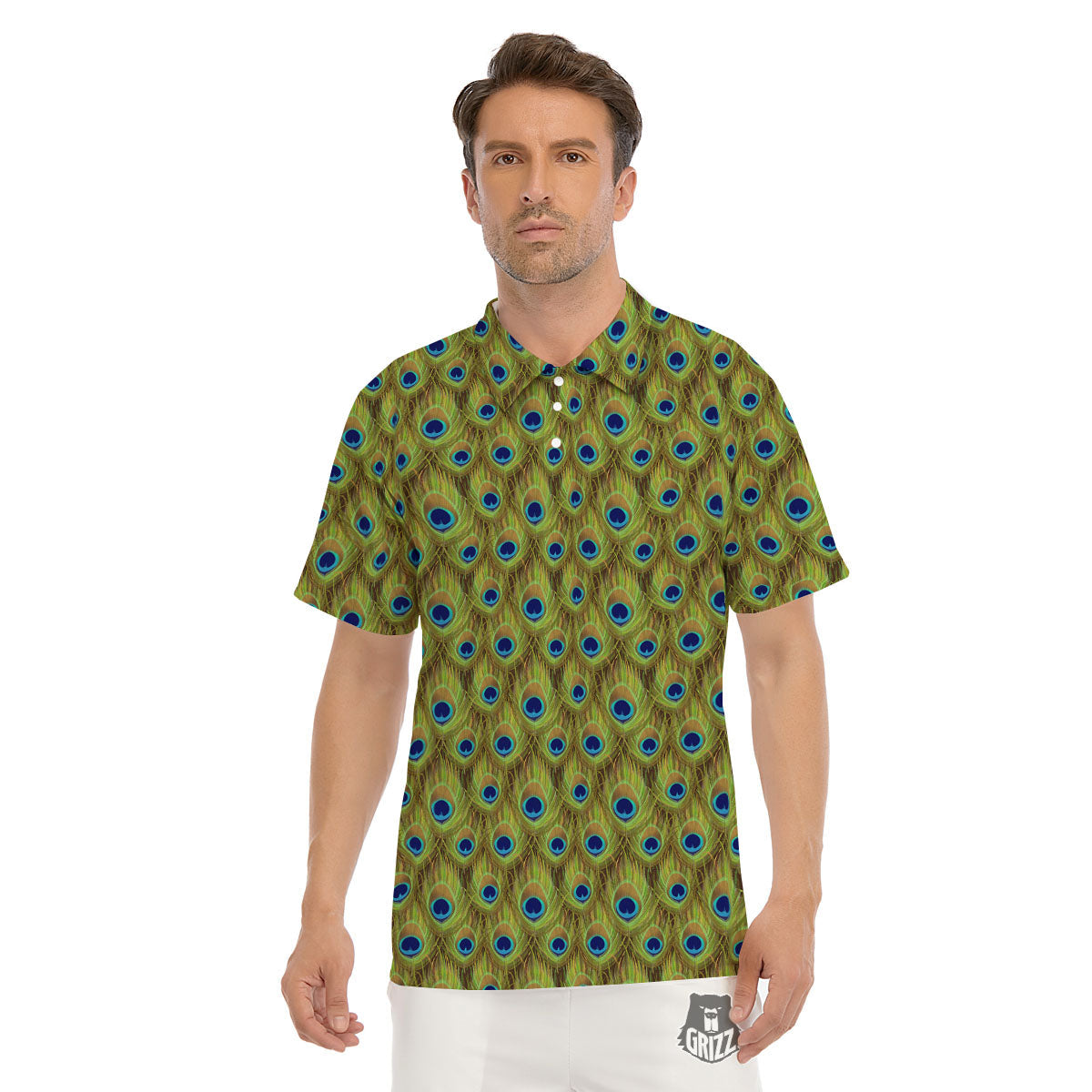 Peacock Feather Boho Print Pattern Men's Golf Shirts-grizzshop