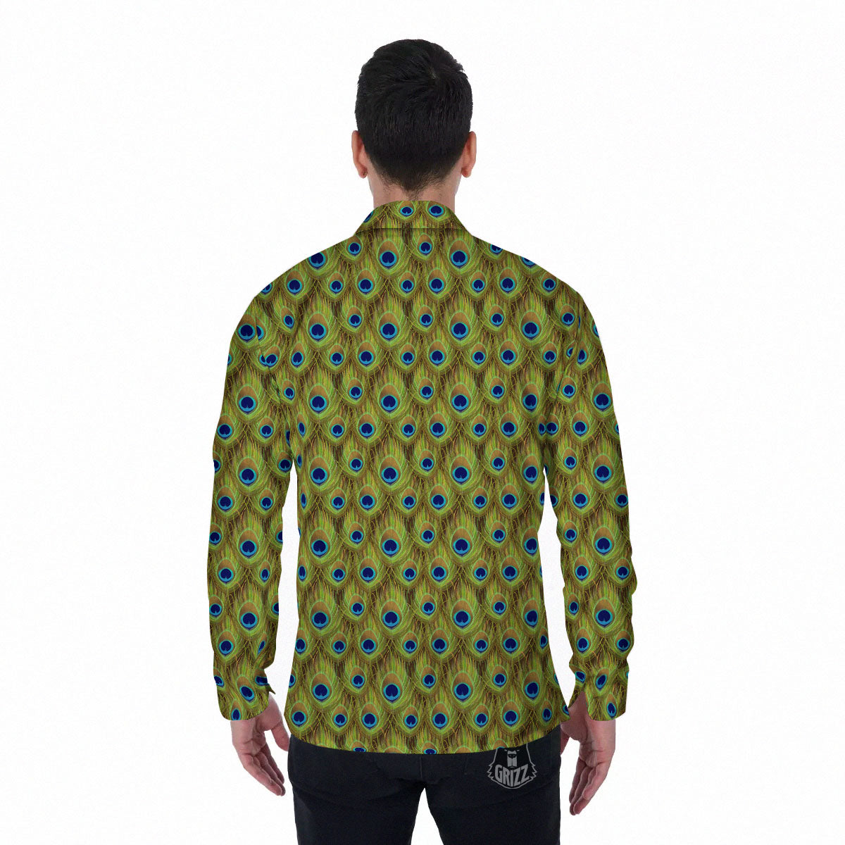 Peacock Feather Boho Print Pattern Men's Long Sleeve Shirts-grizzshop
