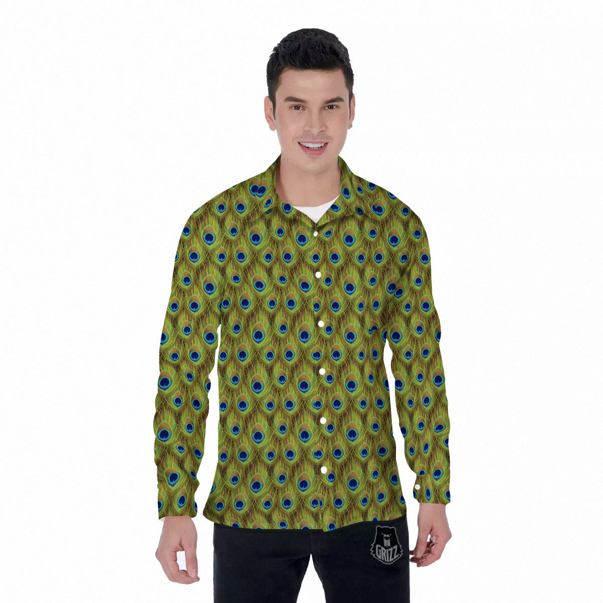 Peacock Feather Boho Print Pattern Men's Long Sleeve Shirts-grizzshop