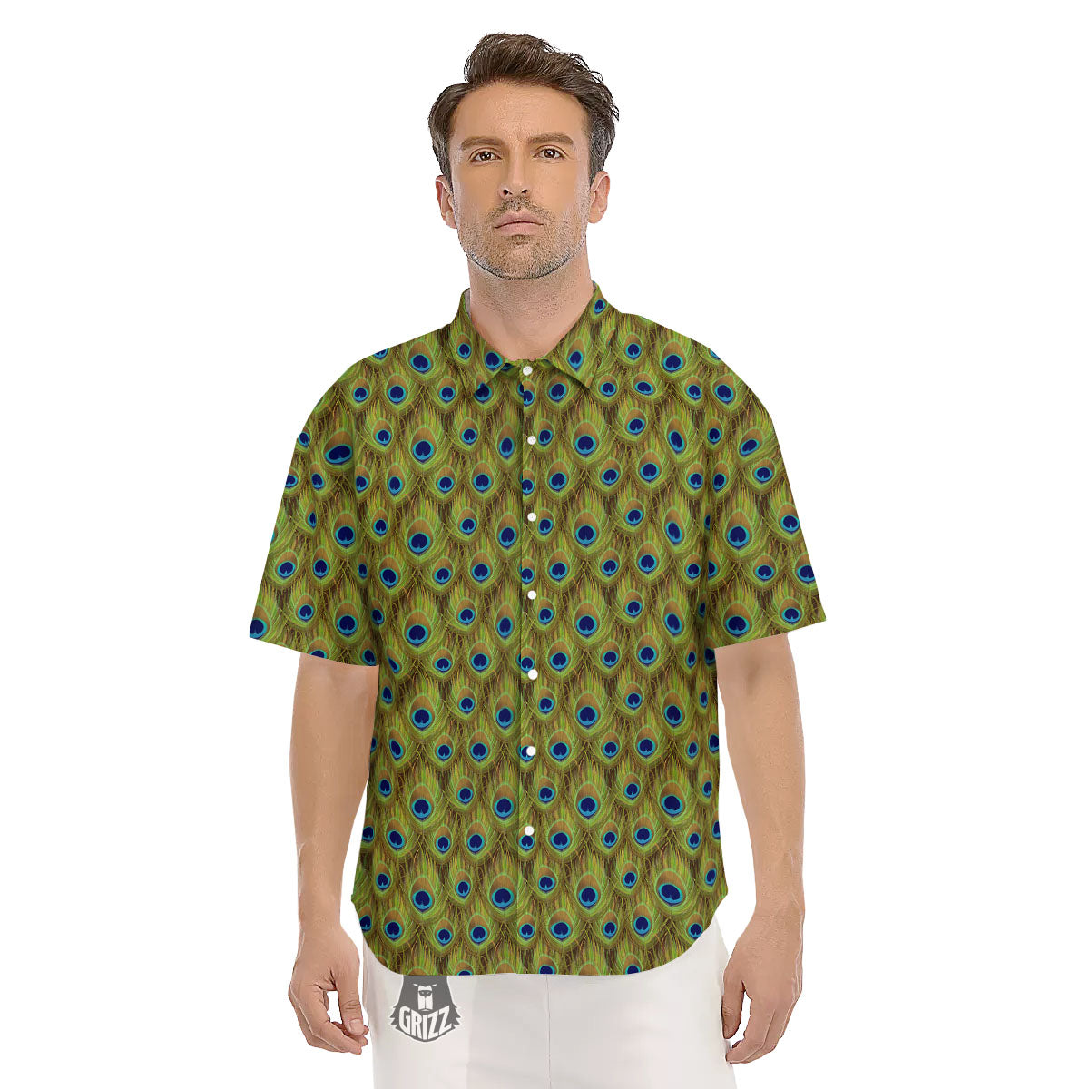 Peacock Feather Boho Print Pattern Men's Short Sleeve Shirts-grizzshop