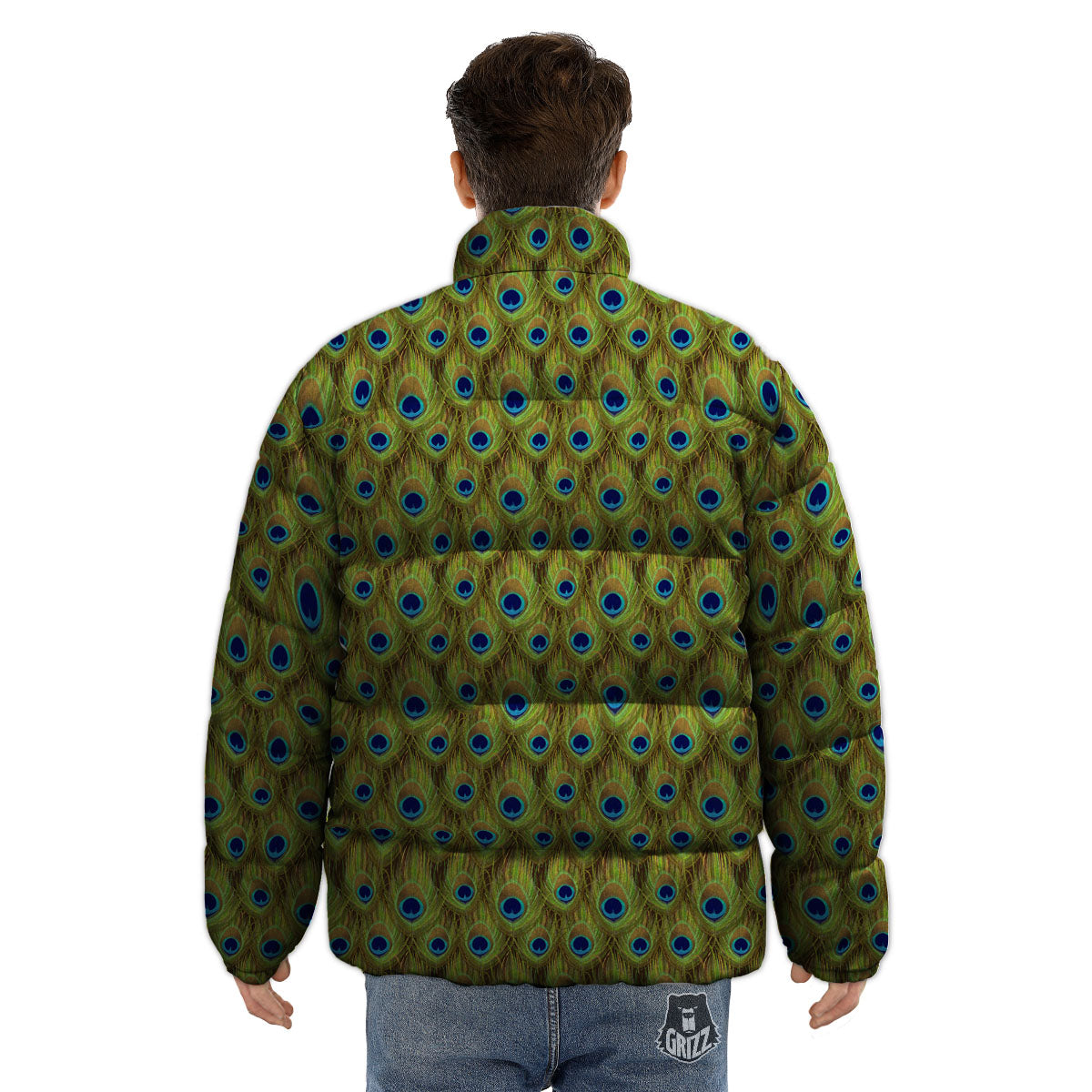 Peacock Feather Boho Print Pattern Puffer Jacket-grizzshop