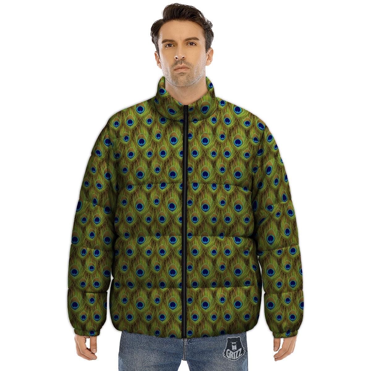 Peacock Feather Boho Print Pattern Puffer Jacket-grizzshop
