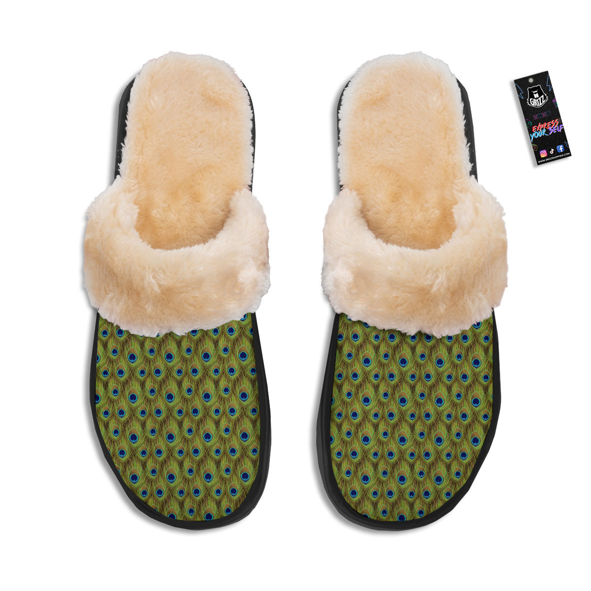 Peacock Feather Boho Print Pattern Slippers-grizzshop