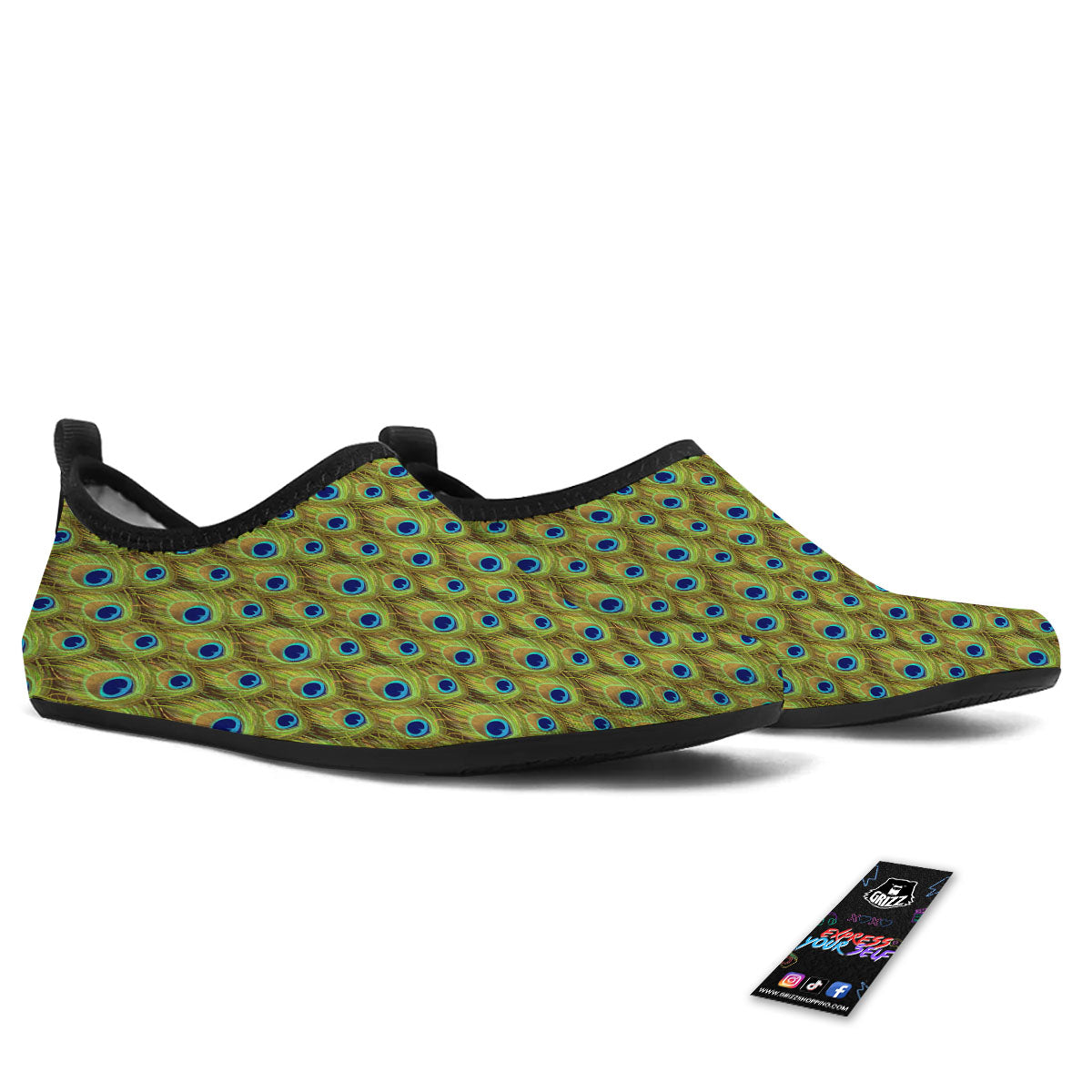 Peacock Feather Boho Print Pattern Water Shoes-grizzshop