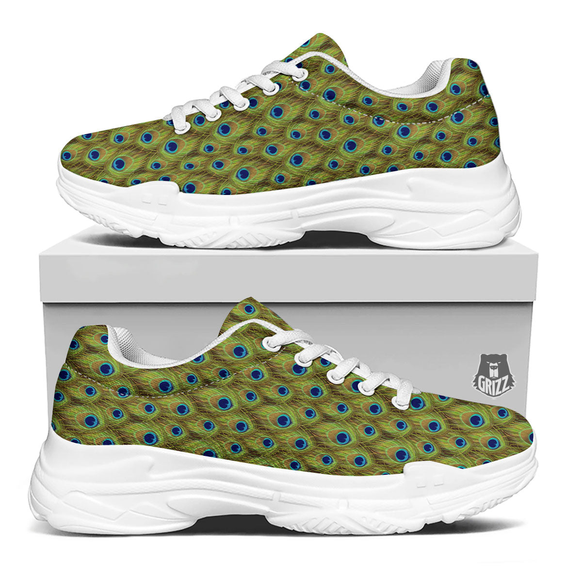Peacock Feather Boho Print Pattern White Chunky Shoes-grizzshop