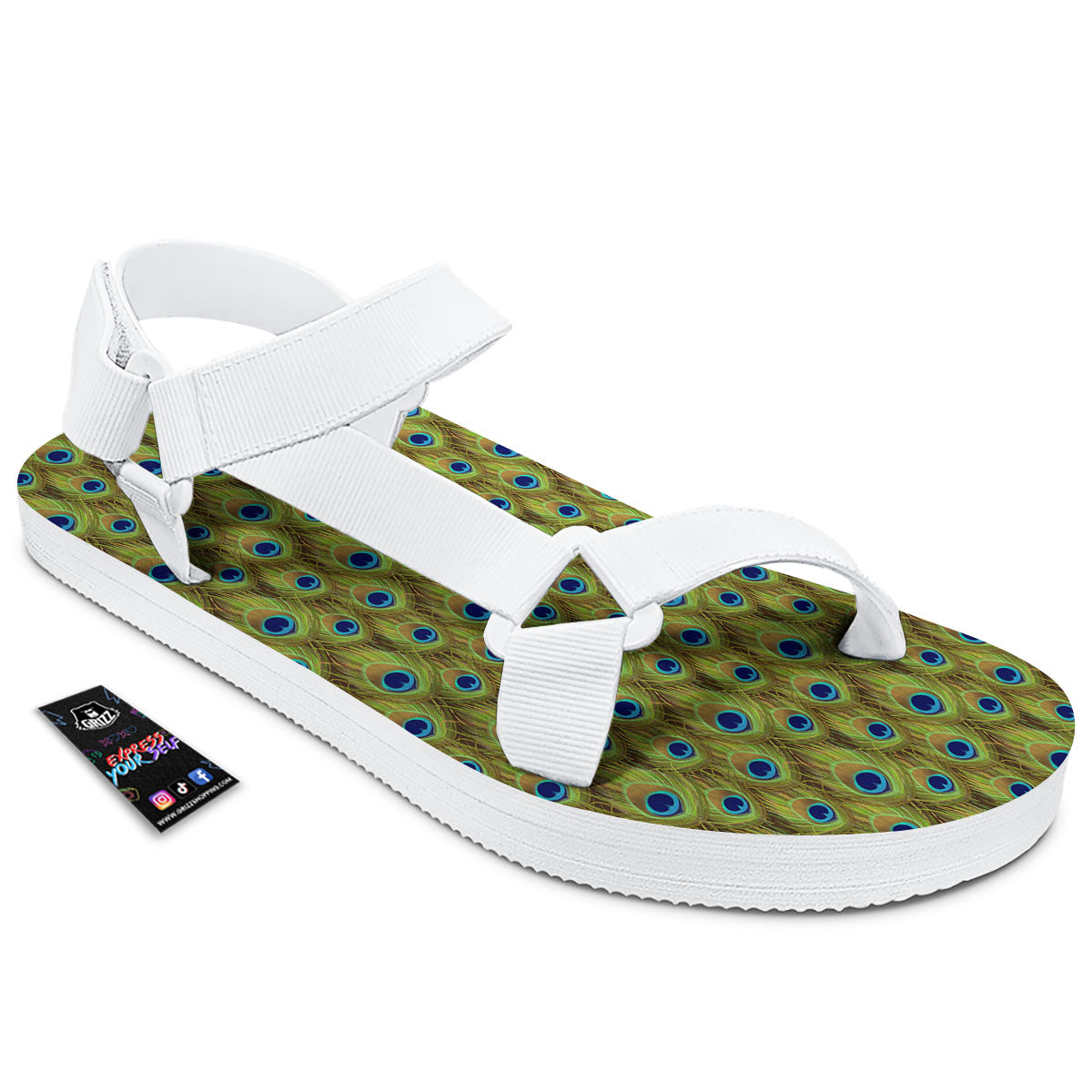 Peacock Feather Boho Print Pattern White Open Toe Sandals-grizzshop