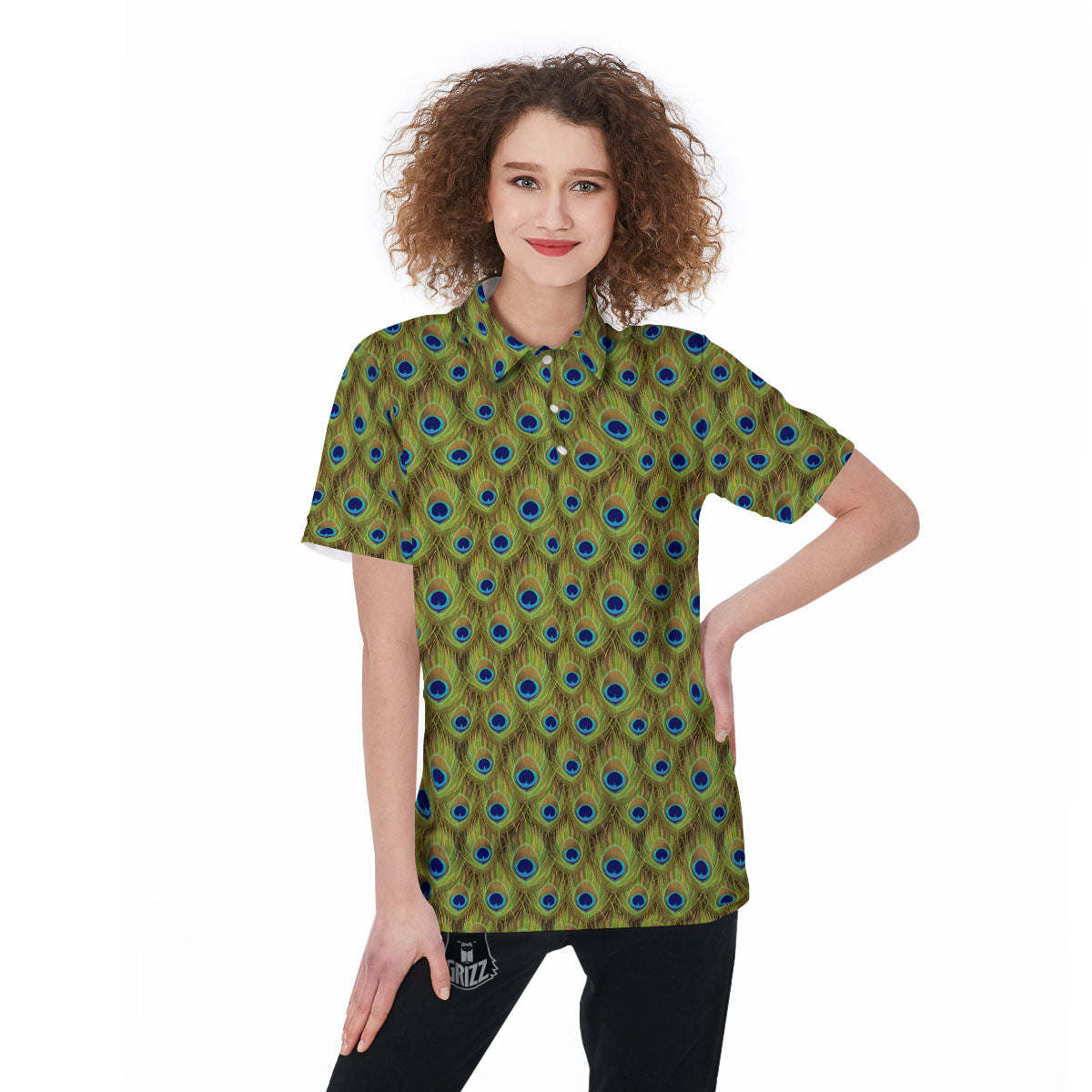Peacock Feather Boho Print Pattern Women's Golf Shirts-grizzshop