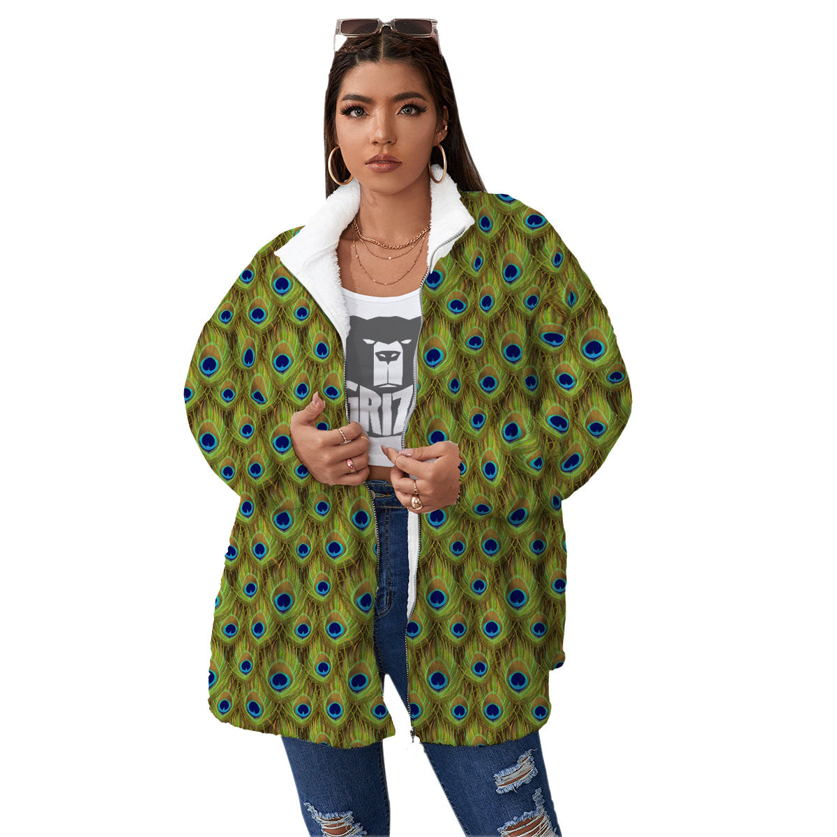 Peacock Feather Boho Print Pattern Women's Sherpa Jacket-grizzshop