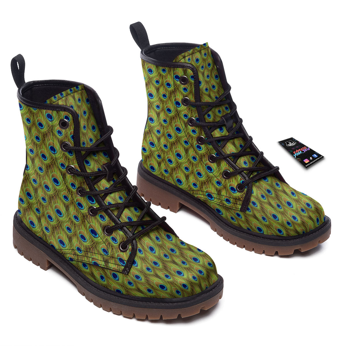Peacock Feather Boho Print Pattern Work Boots-grizzshop