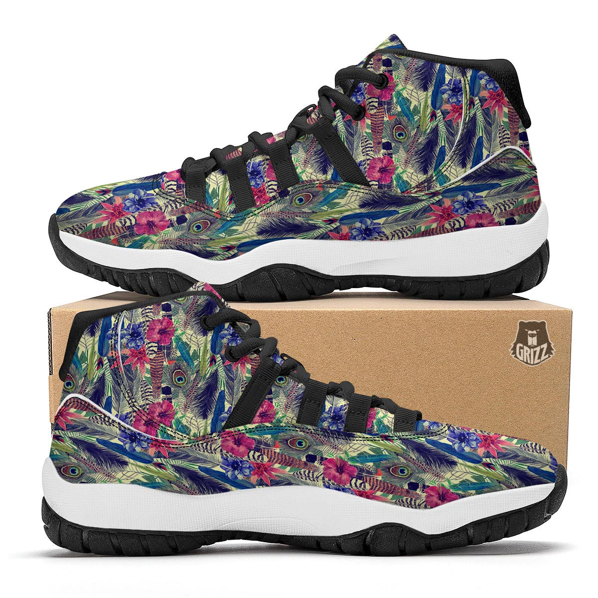 Peacock Feather Floral Pattern Print Black Bball Shoes-grizzshop