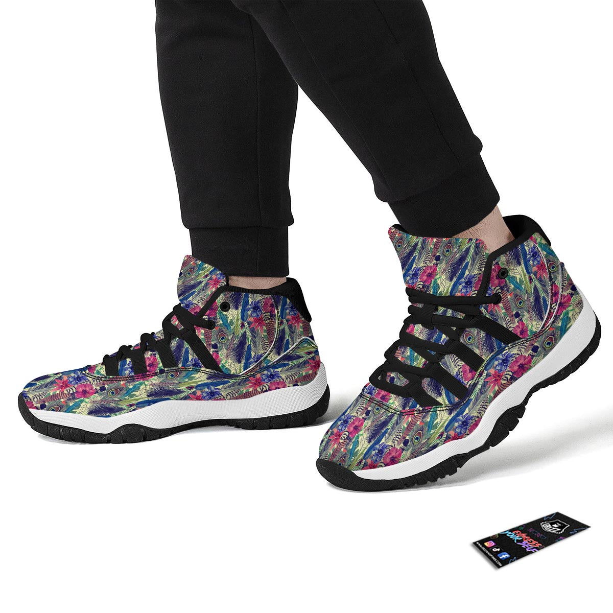 Peacock Feather Floral Pattern Print Black Bball Shoes-grizzshop