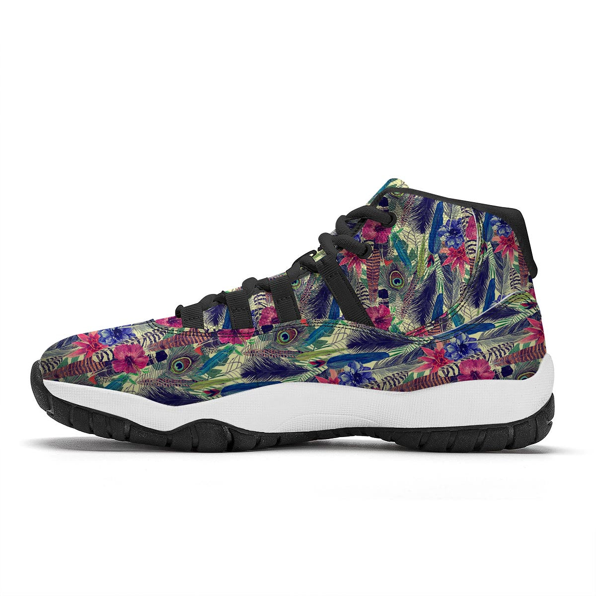 Peacock Feather Floral Pattern Print Black Bball Shoes-grizzshop