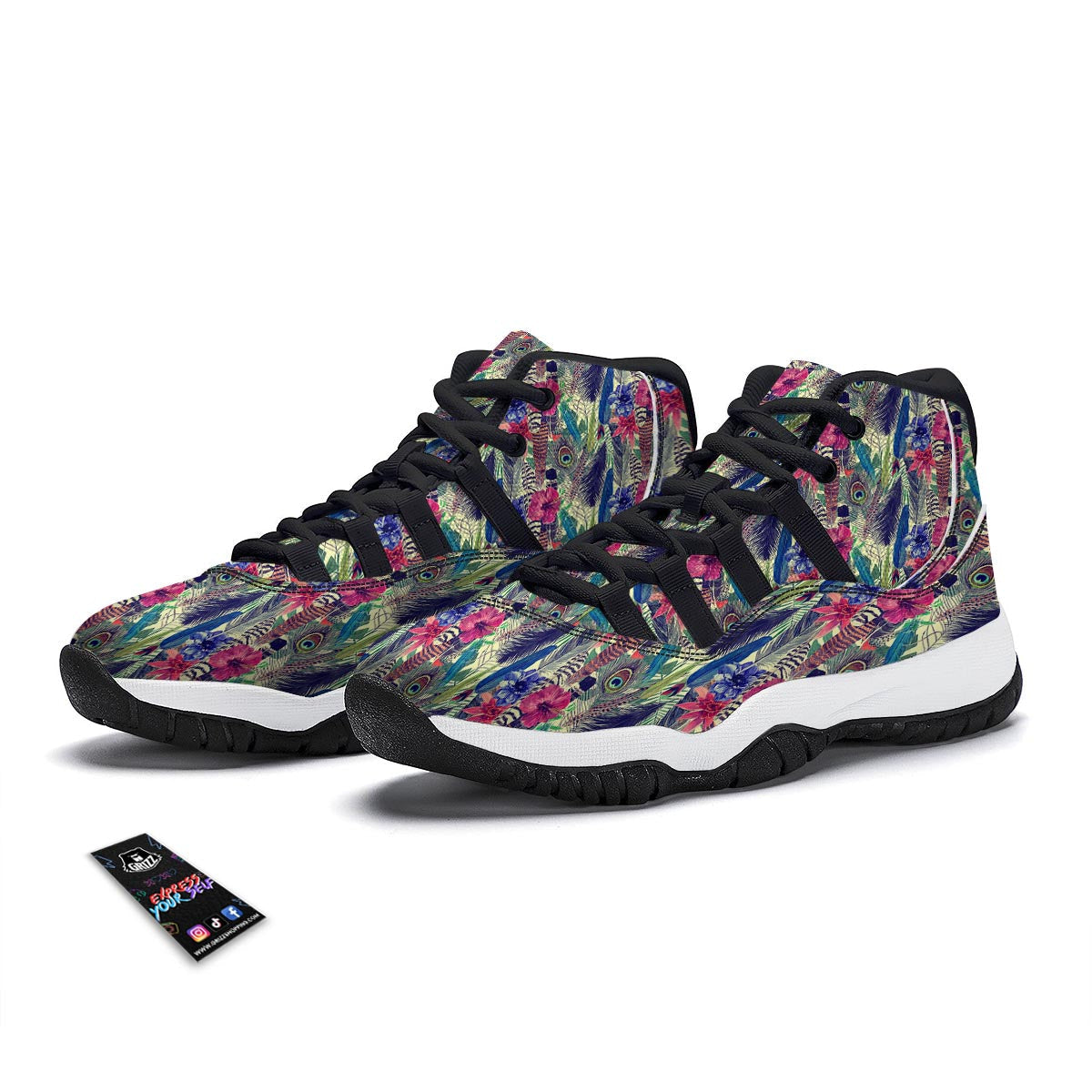 Peacock Feather Floral Pattern Print Black Bball Shoes-grizzshop