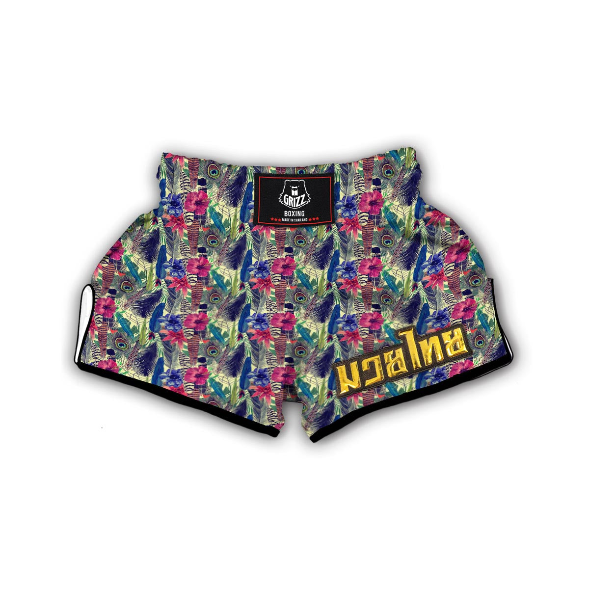 Peacock Feather Floral Pattern Print Muay Thai Boxing Shorts-grizzshop