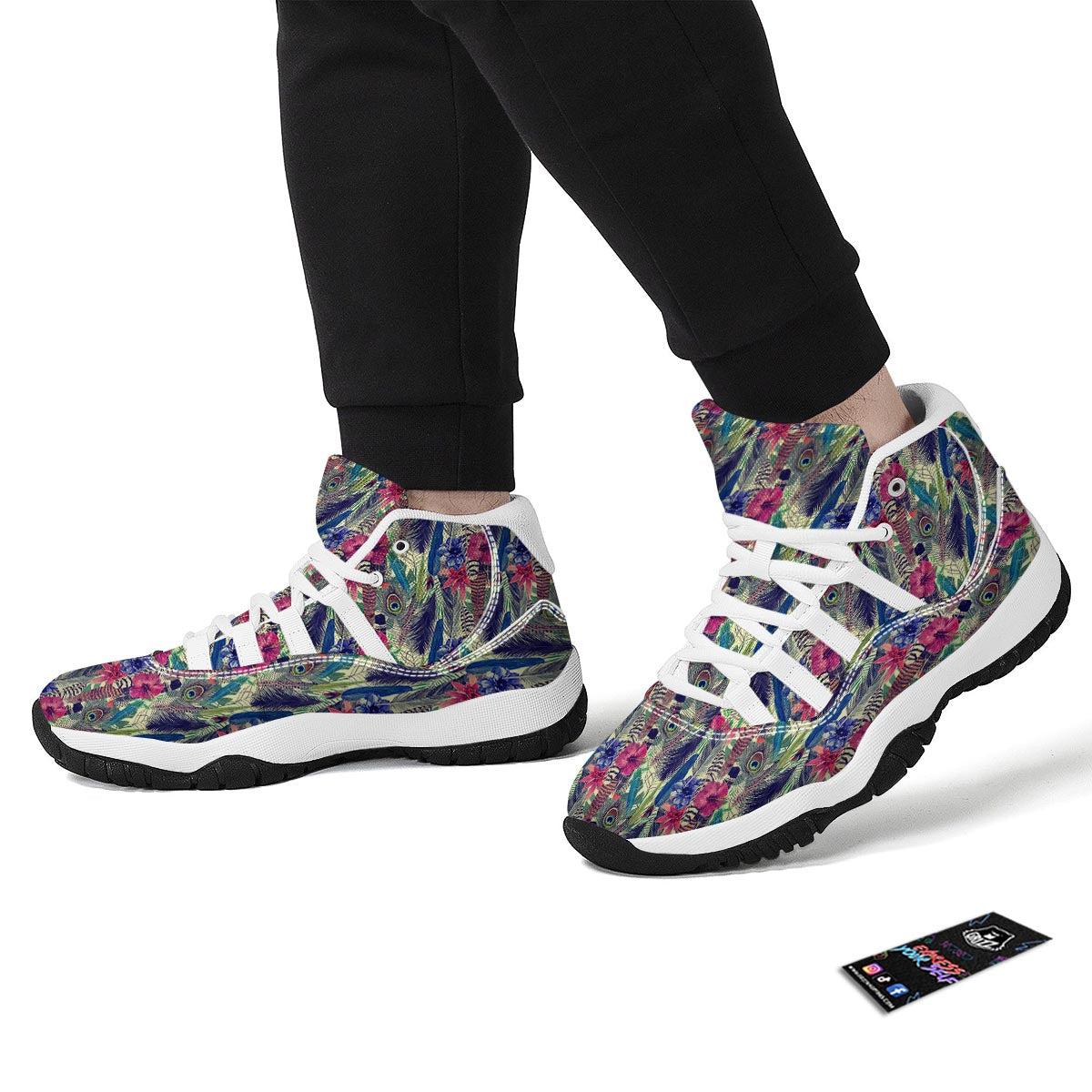 Peacock Feather Floral Pattern Print White Bball Shoes-grizzshop