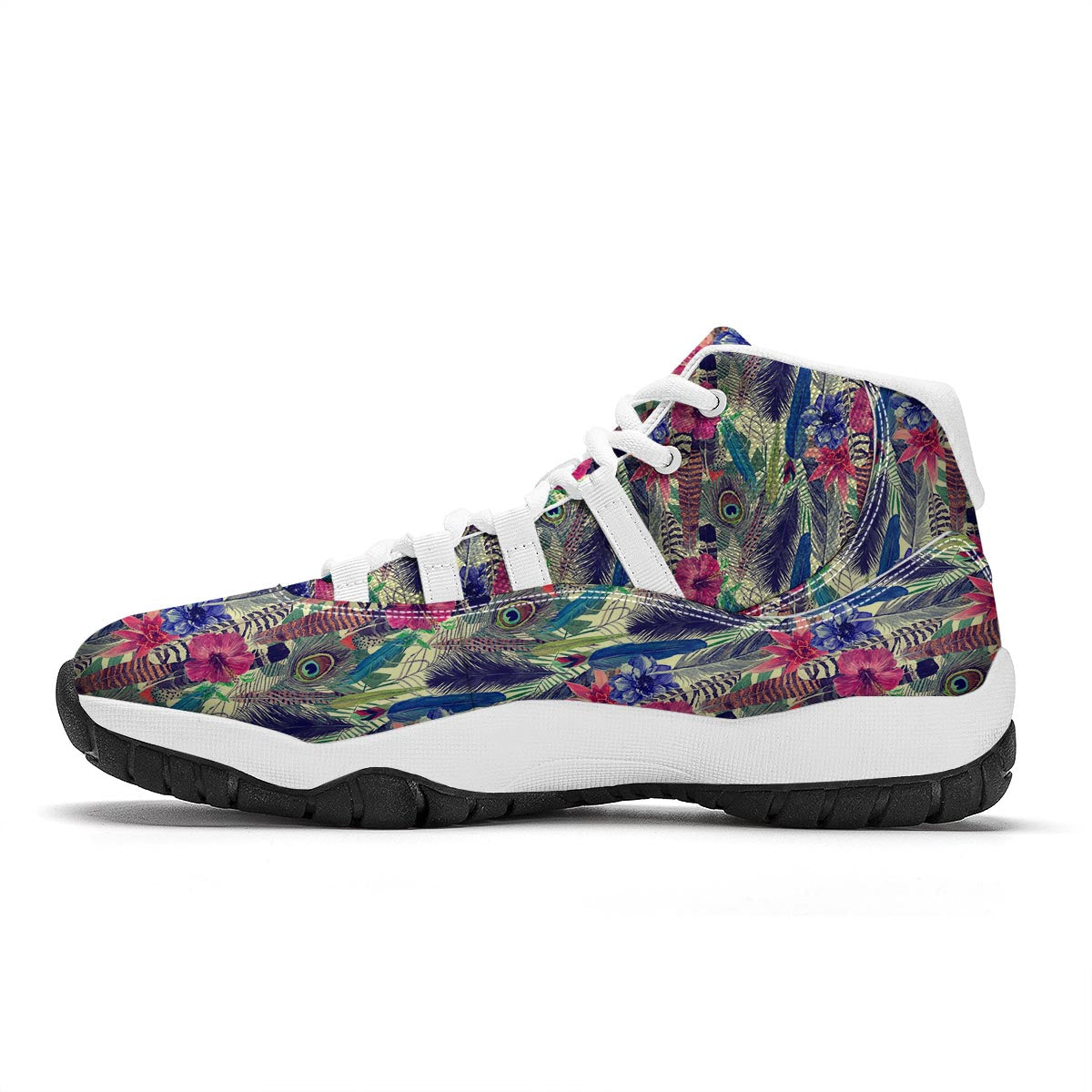 Peacock Feather Floral Pattern Print White Bball Shoes-grizzshop