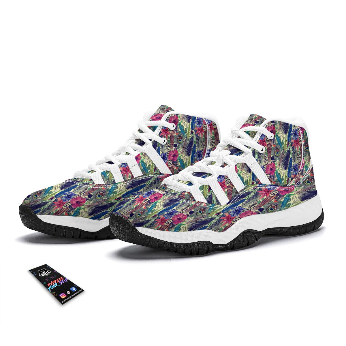 Peacock Feather Floral Pattern Print White Bball Shoes-grizzshop