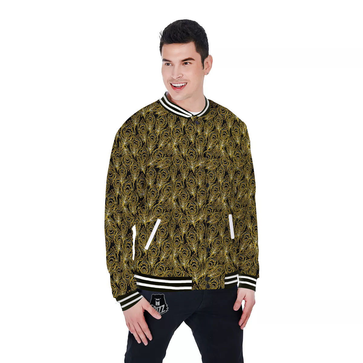 Peacock Feather Gold And Black Print Baseball Jacket-grizzshop