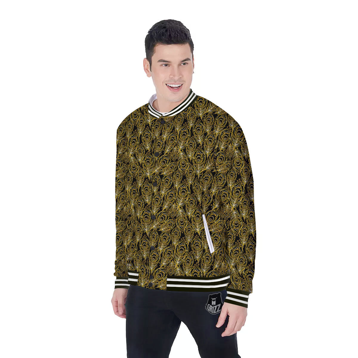 Peacock Feather Gold And Black Print Baseball Jacket-grizzshop