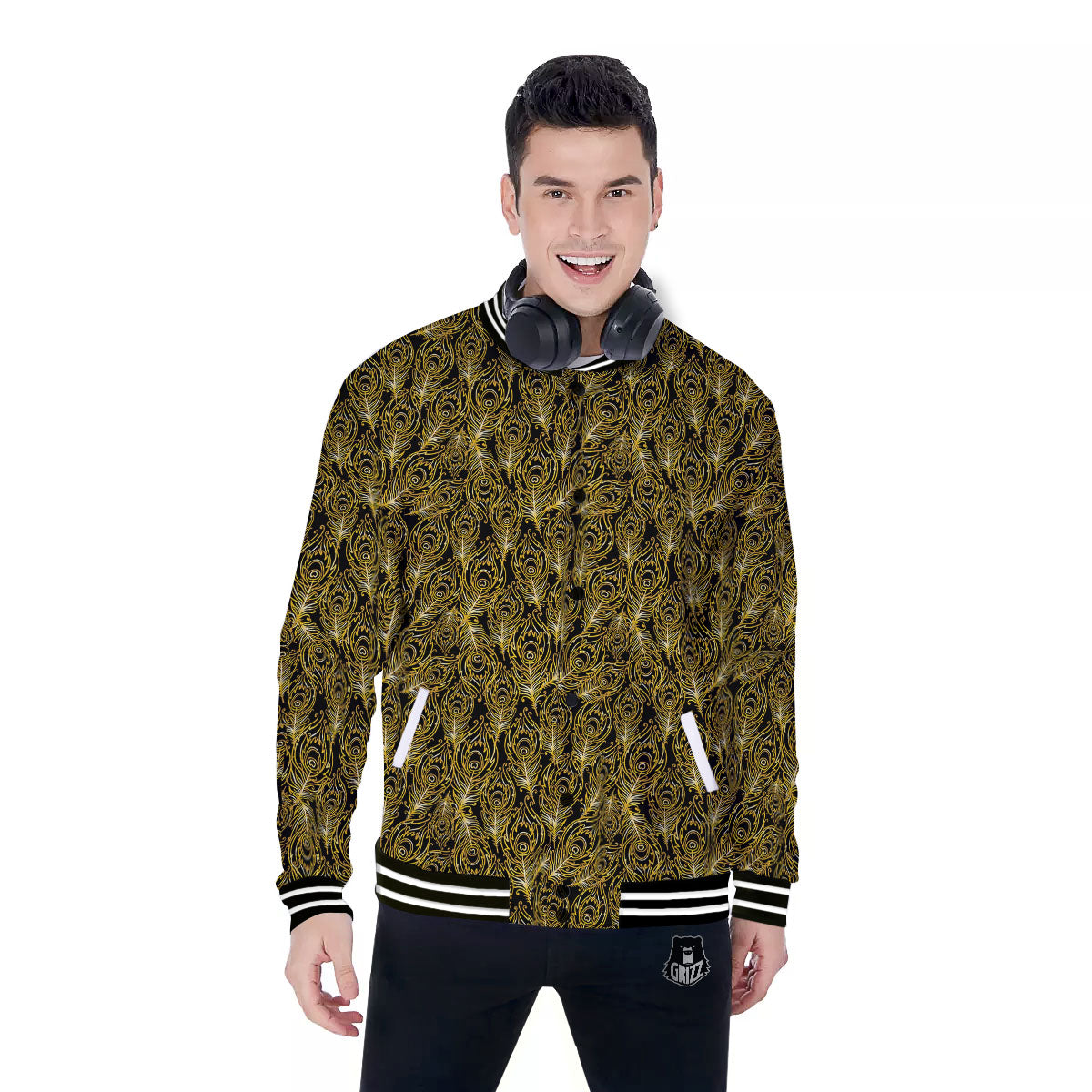 Peacock Feather Gold And Black Print Baseball Jacket-grizzshop