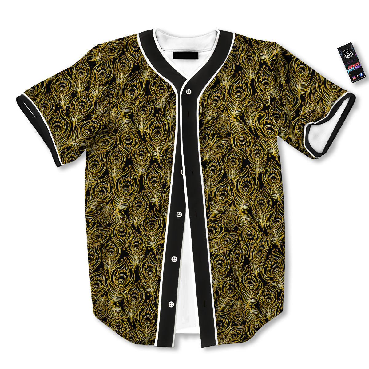 Peacock Feather Gold And Black Print Baseball Jersey-grizzshop