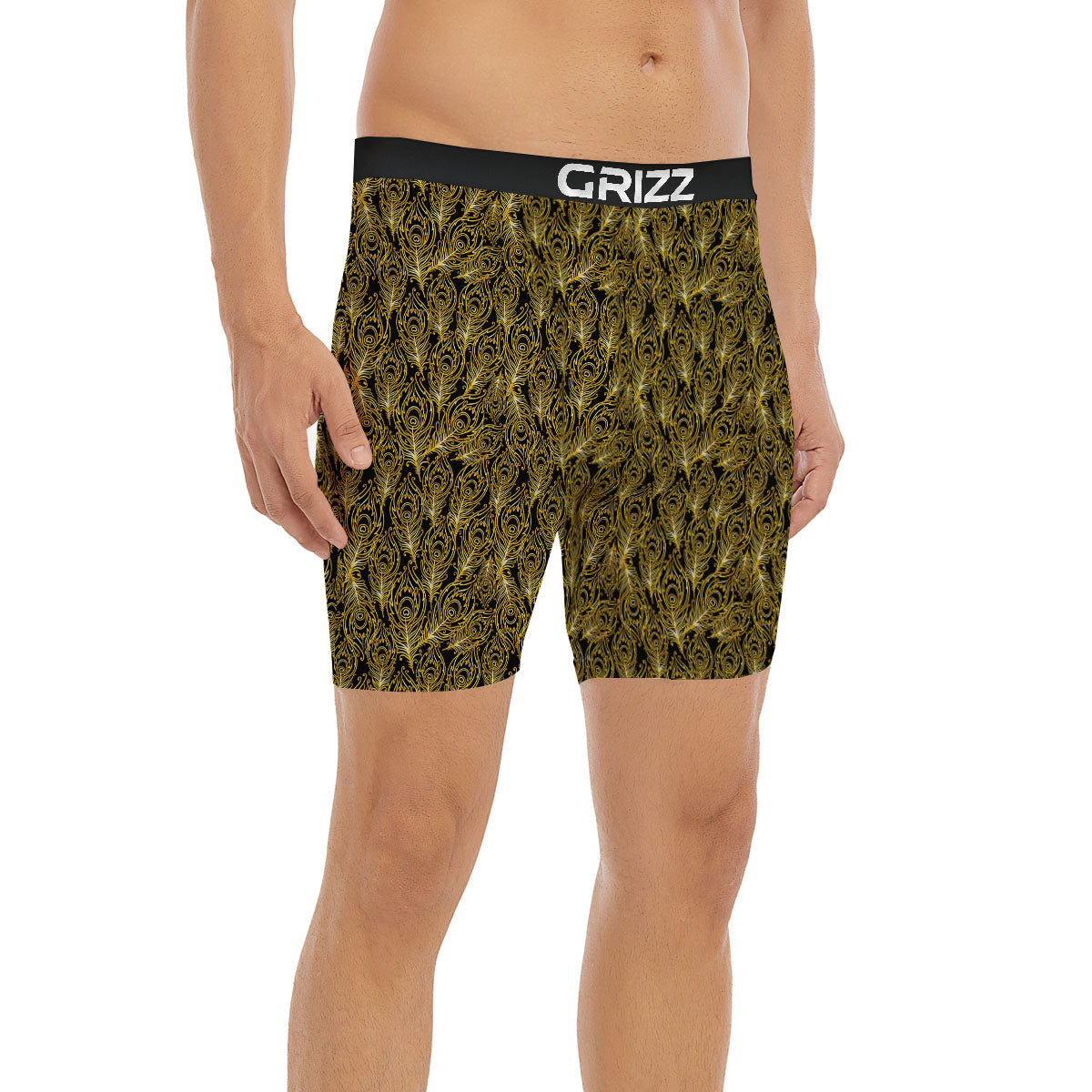 Peacock Feather Gold And Black Print Boxer Briefs-grizzshop