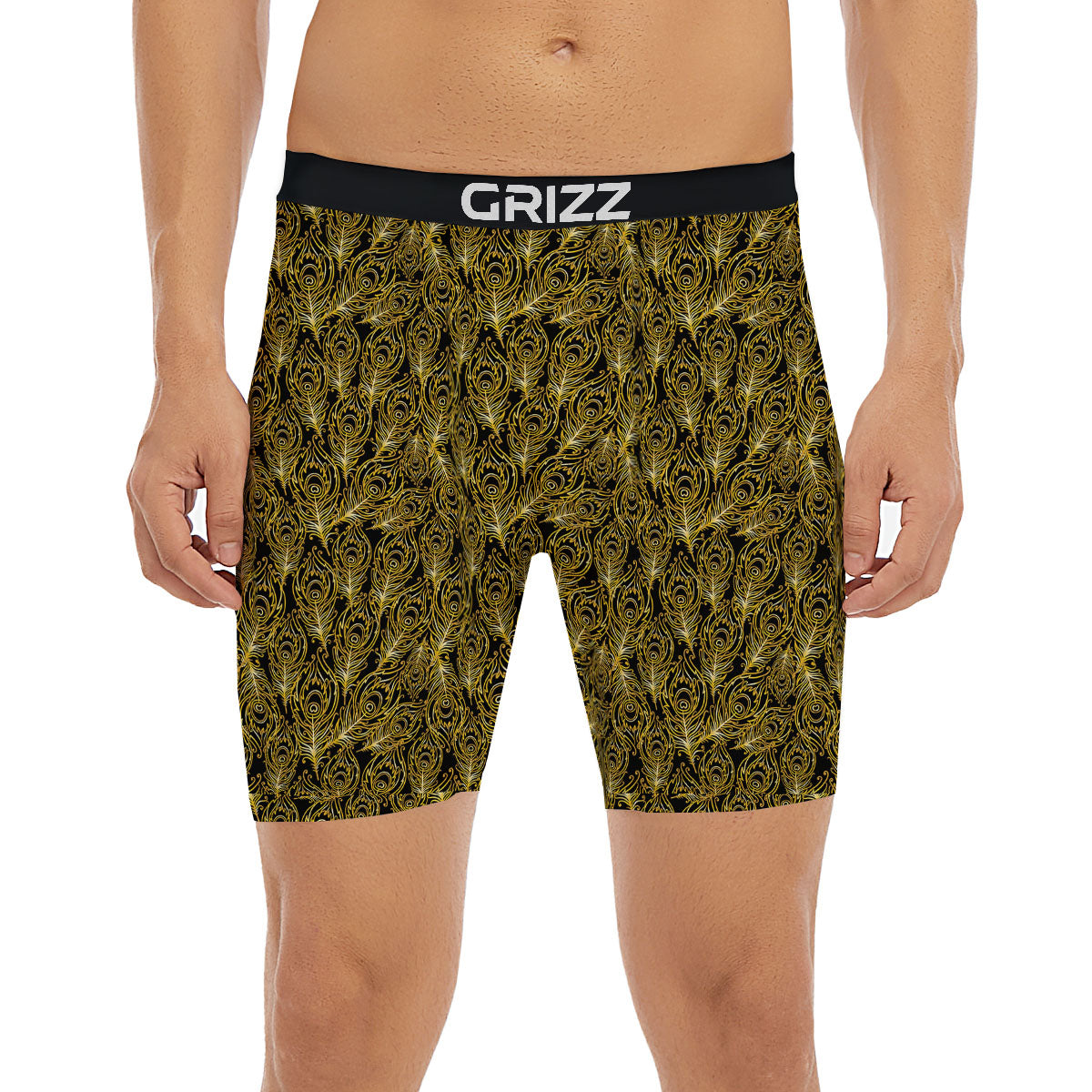 Peacock Feather Gold And Black Print Boxer Briefs-grizzshop