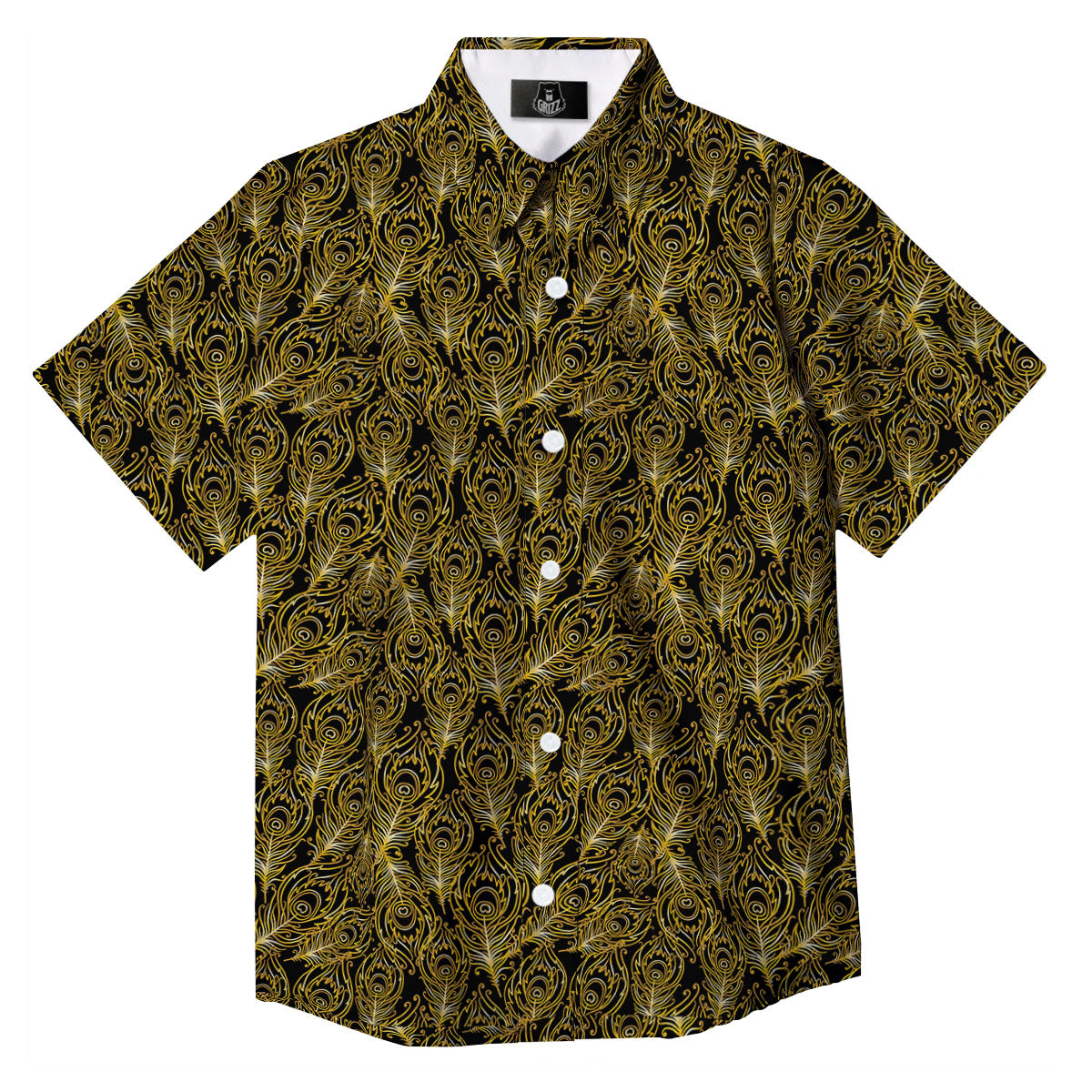Peacock Feather Gold And Black Print Button Up Shirt-grizzshop