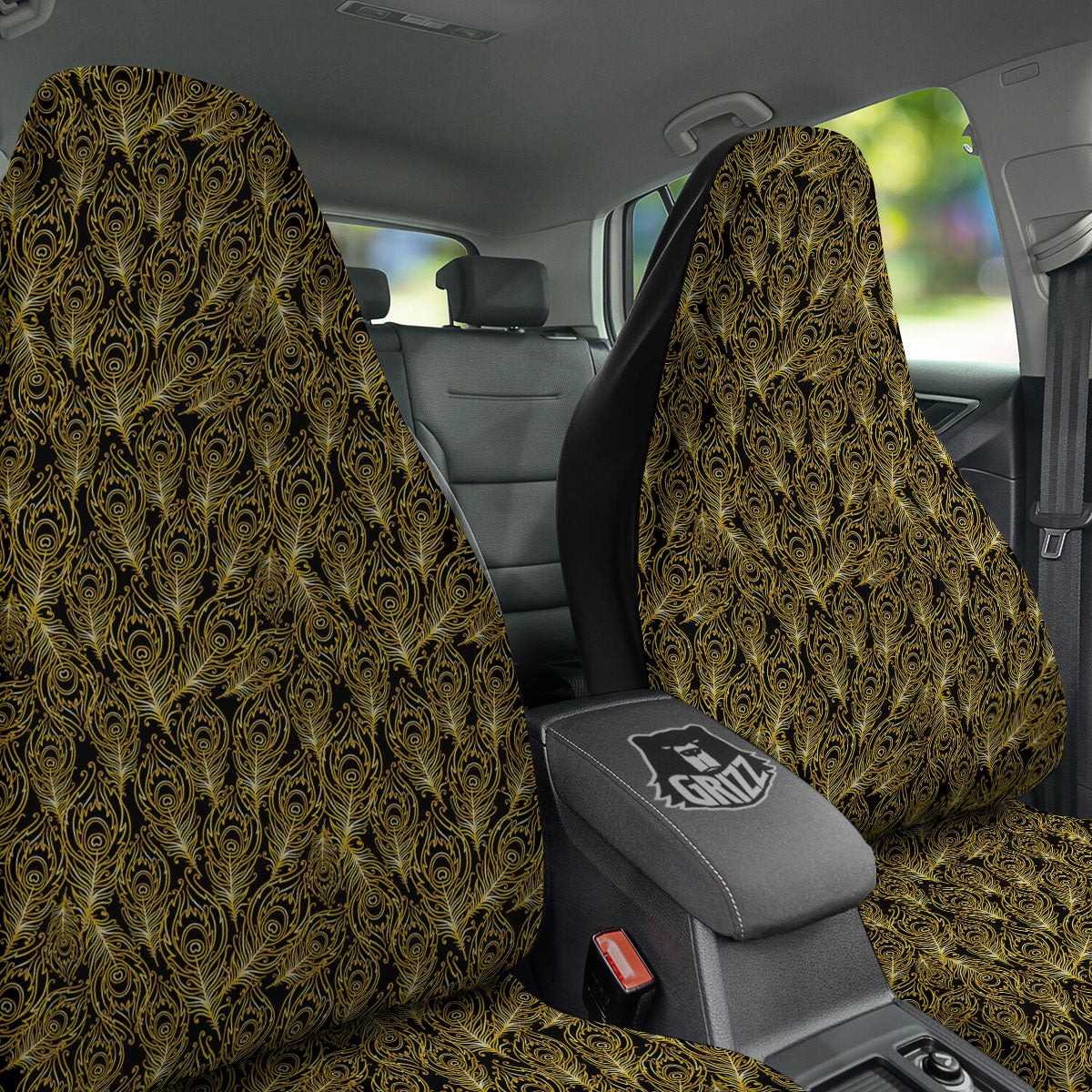 Peacock Feather Gold And Black Print Car Seat Covers-grizzshop