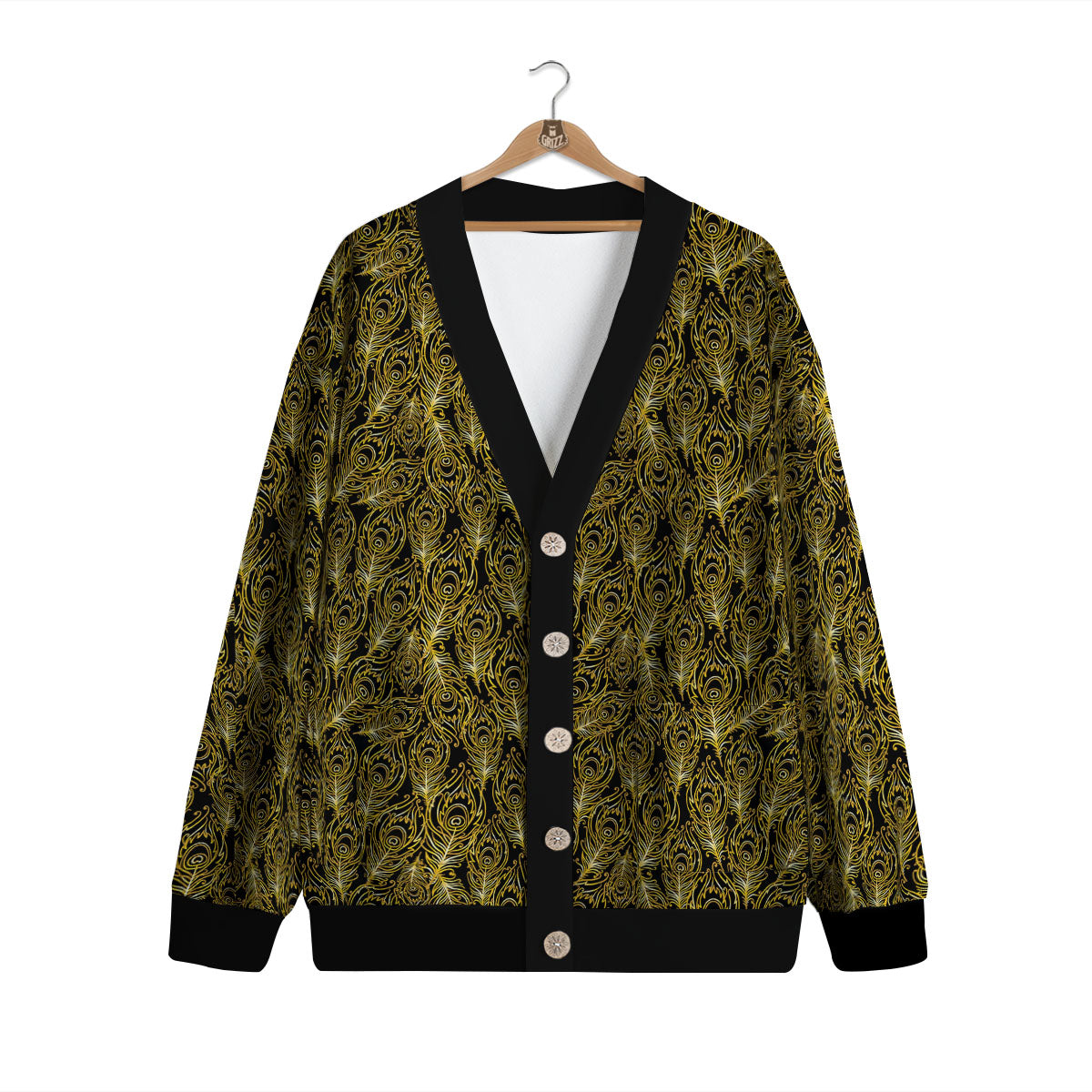 Peacock Feather Gold And Black Print Cardigan-grizzshop
