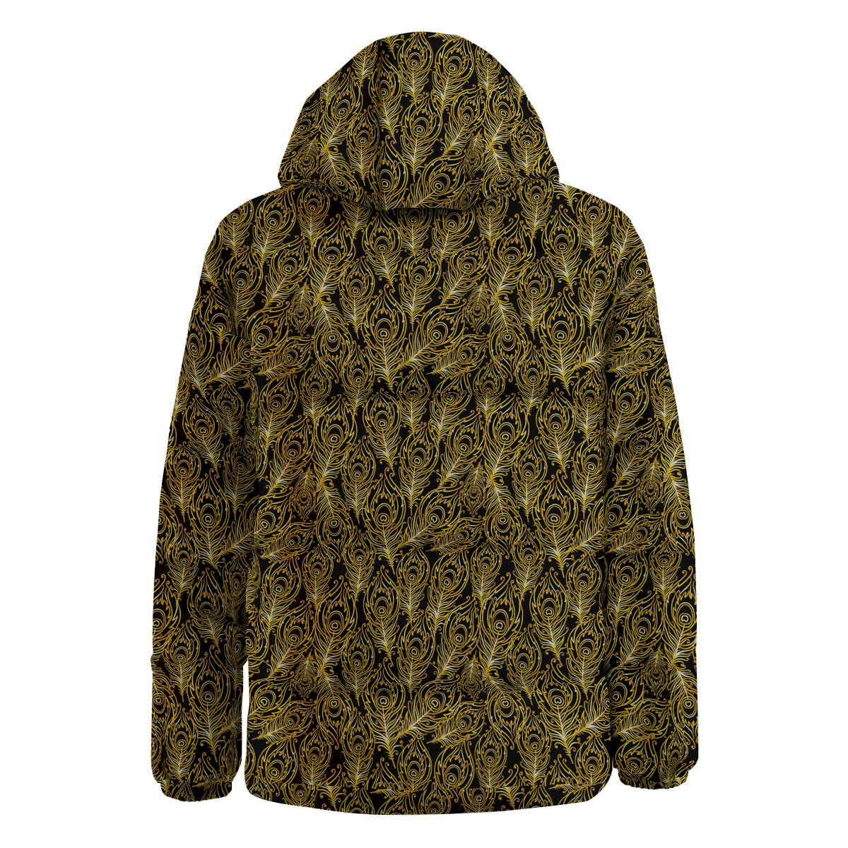 Peacock Feather Gold And Black Print Down Jacket-grizzshop