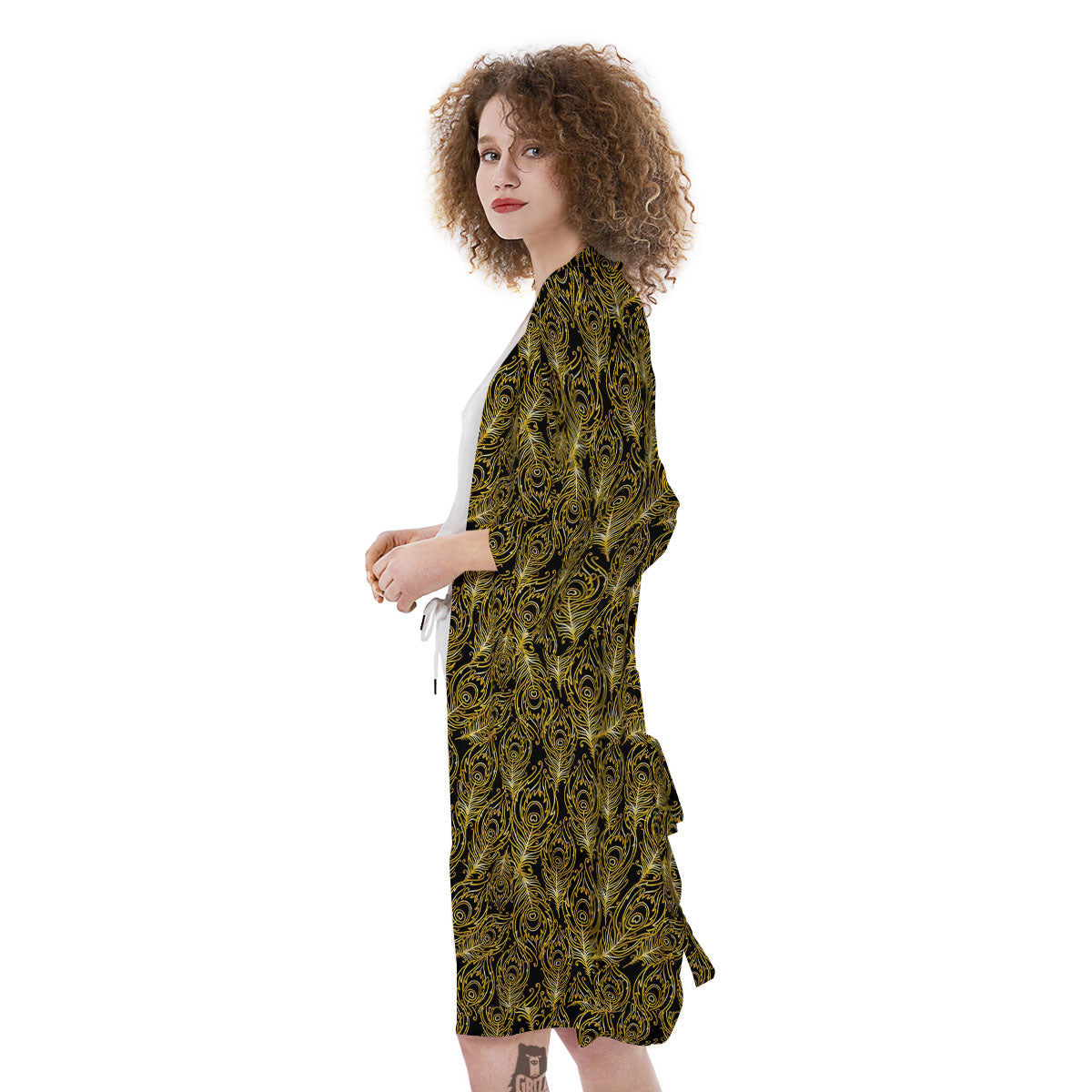 Peacock Feather Gold And Black Print Kimono-grizzshop