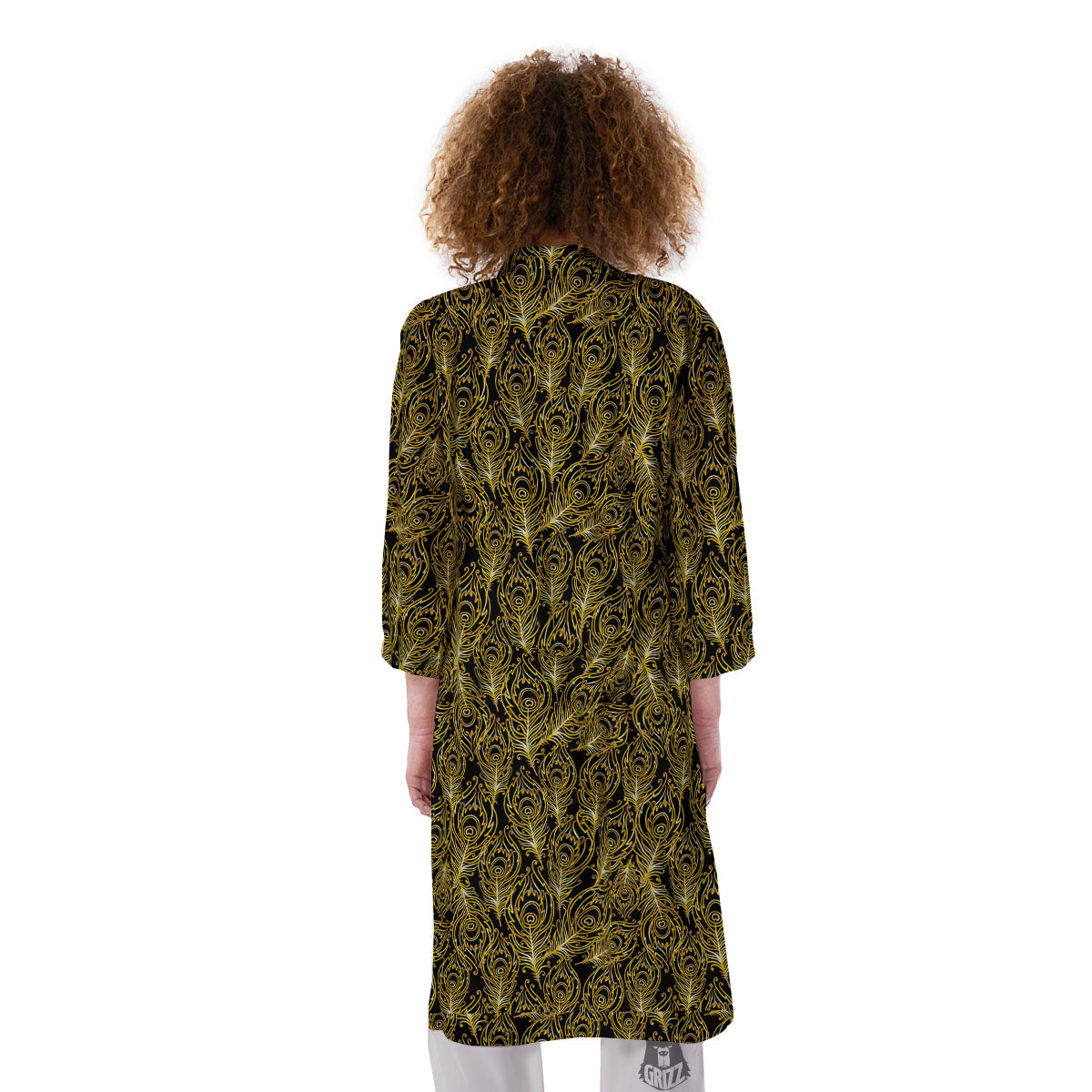 Peacock Feather Gold And Black Print Kimono-grizzshop