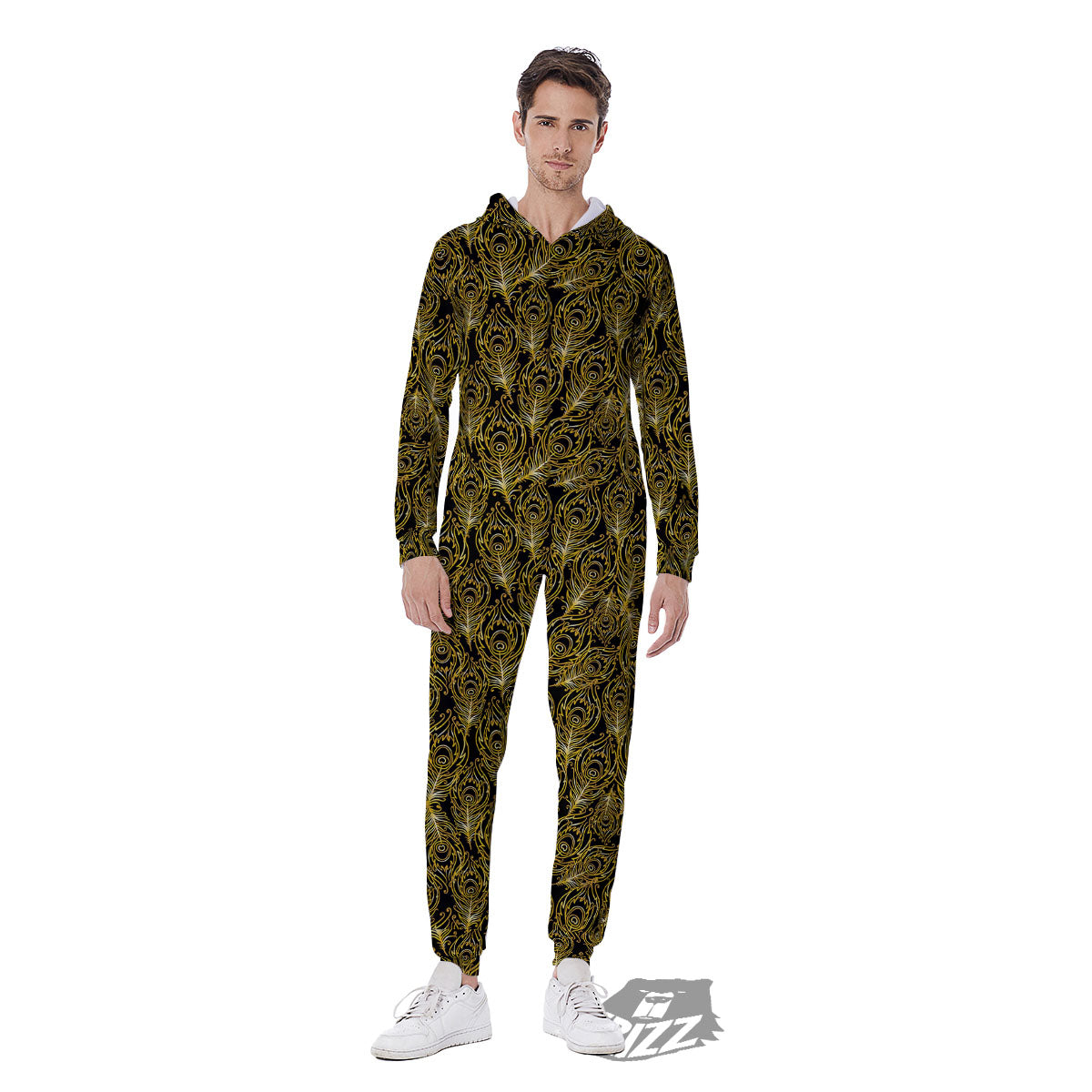 Peacock Feather Gold And Black Print Men's Jumpsuit-grizzshop