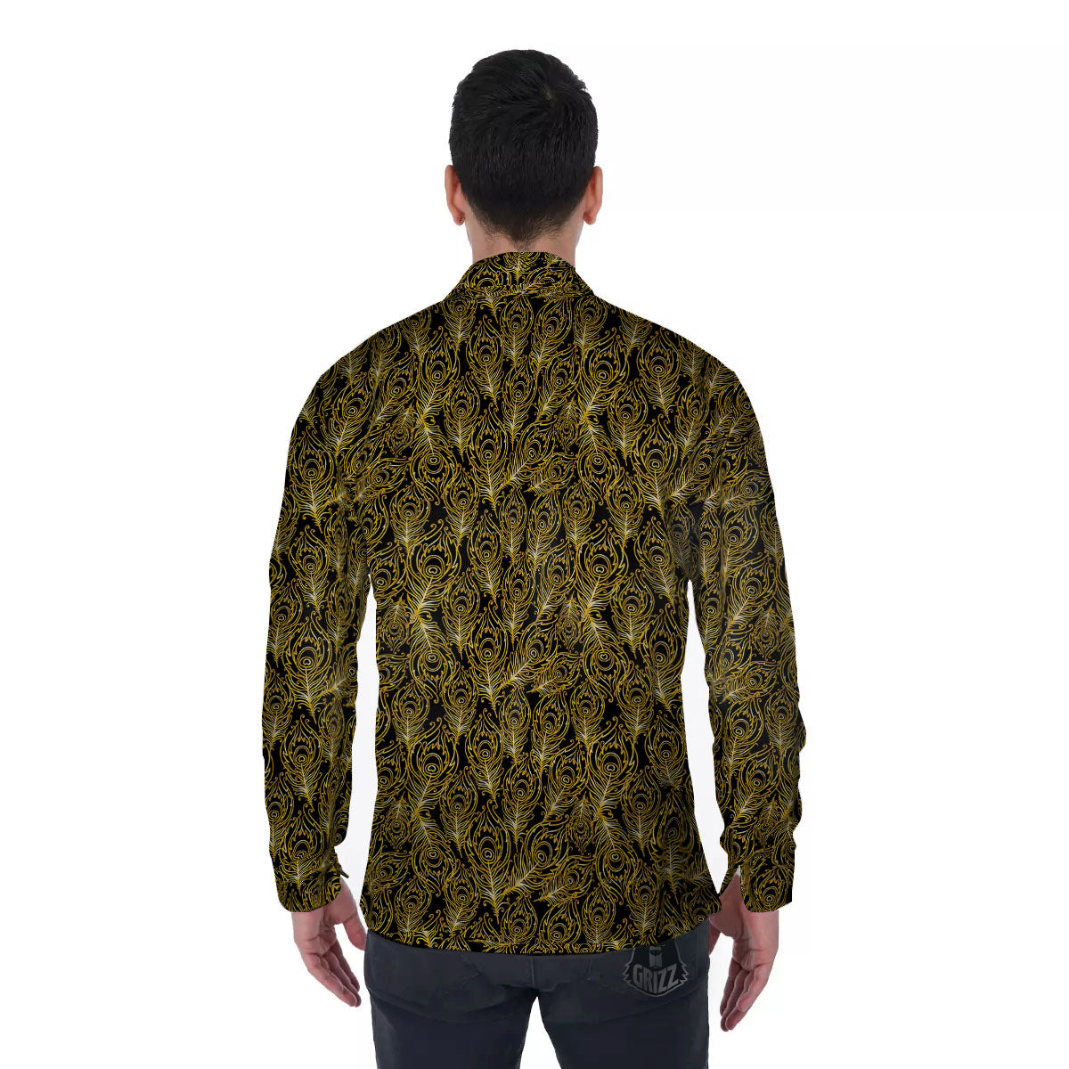 Peacock Feather Gold And Black Print Men's Long Sleeve Shirts-grizzshop