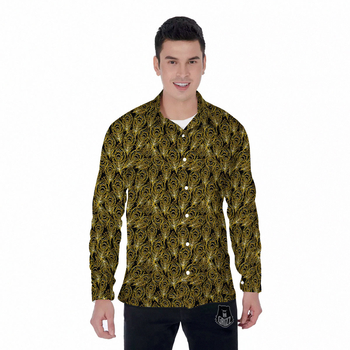 Peacock Feather Gold And Black Print Men's Long Sleeve Shirts-grizzshop