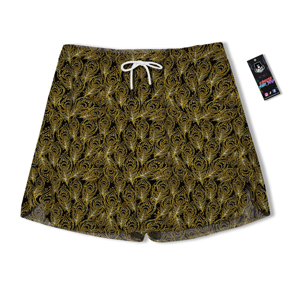 Peacock Feather Gold And Black Print Men's Running Shorts-grizzshop