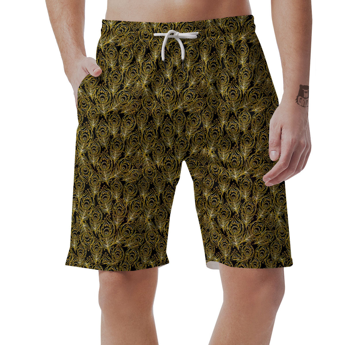 Peacock Feather Gold And Black Print Men's Shorts-grizzshop