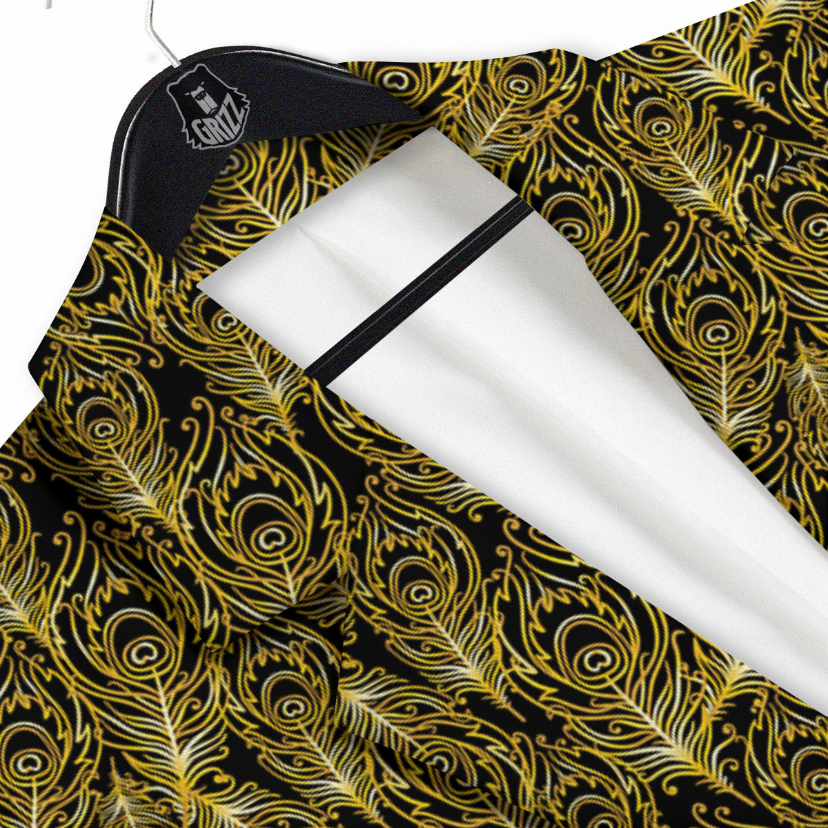 Peacock Feather Gold And Black Print Men's Sport Coat-grizzshop