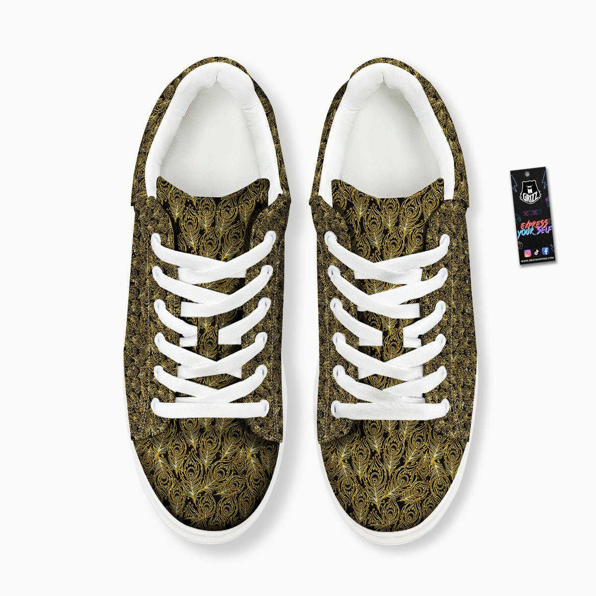 Peacock Feather Gold And Black Print Platform Shoes-grizzshop