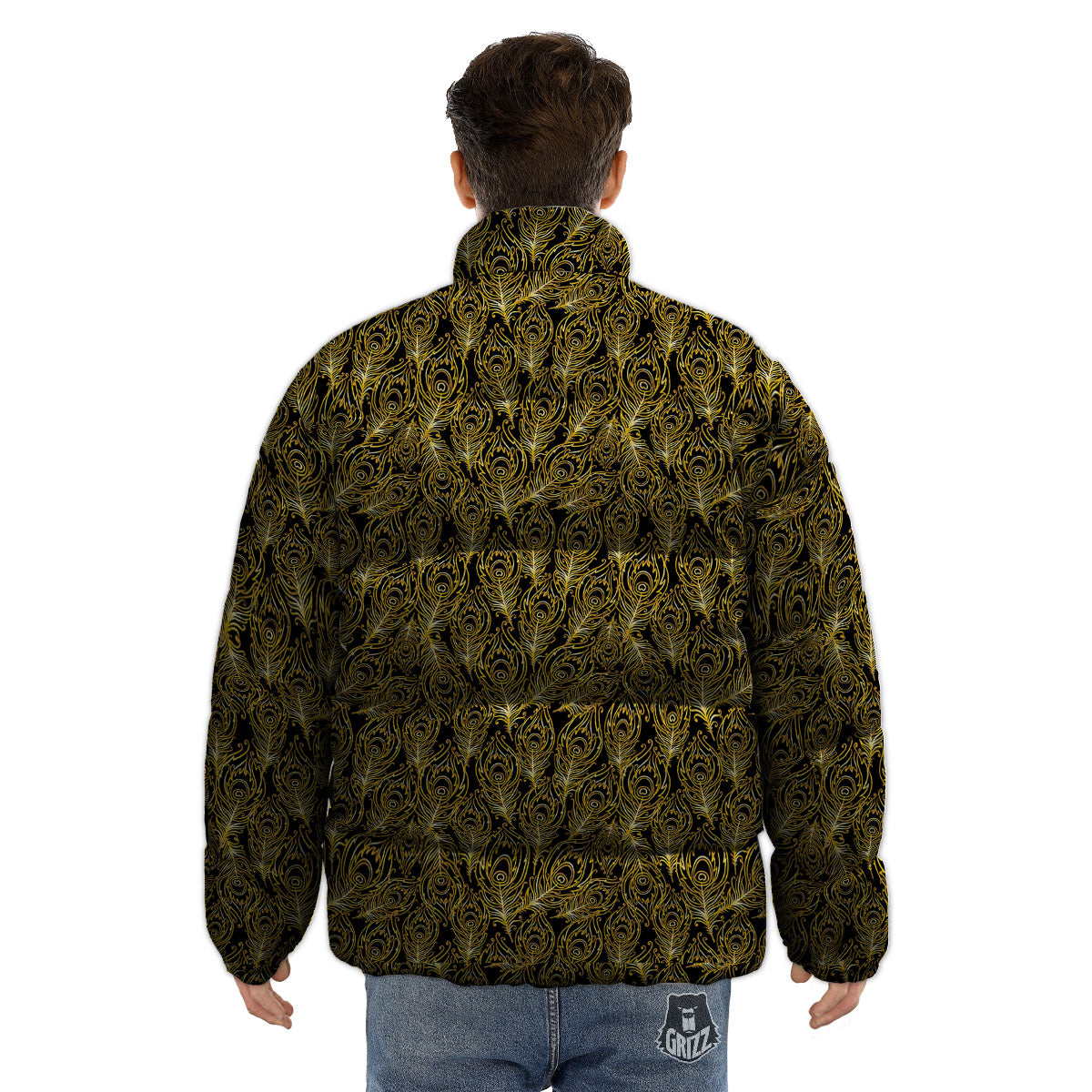 Peacock Feather Gold And Black Print Puffer Jacket-grizzshop