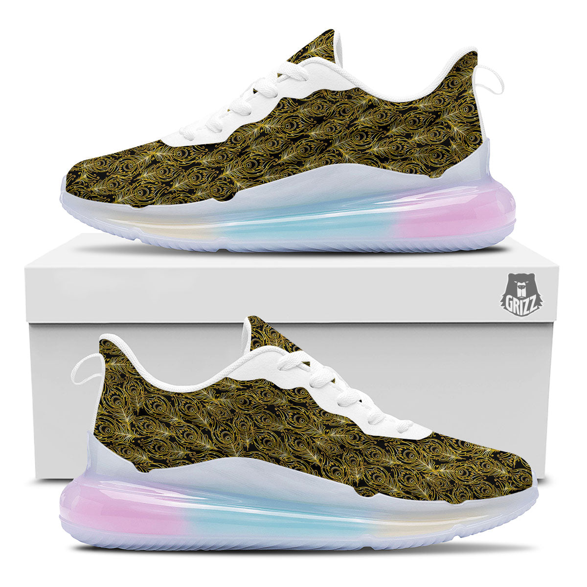 Peacock Feather Gold And Black Print Running Sneakers-grizzshop