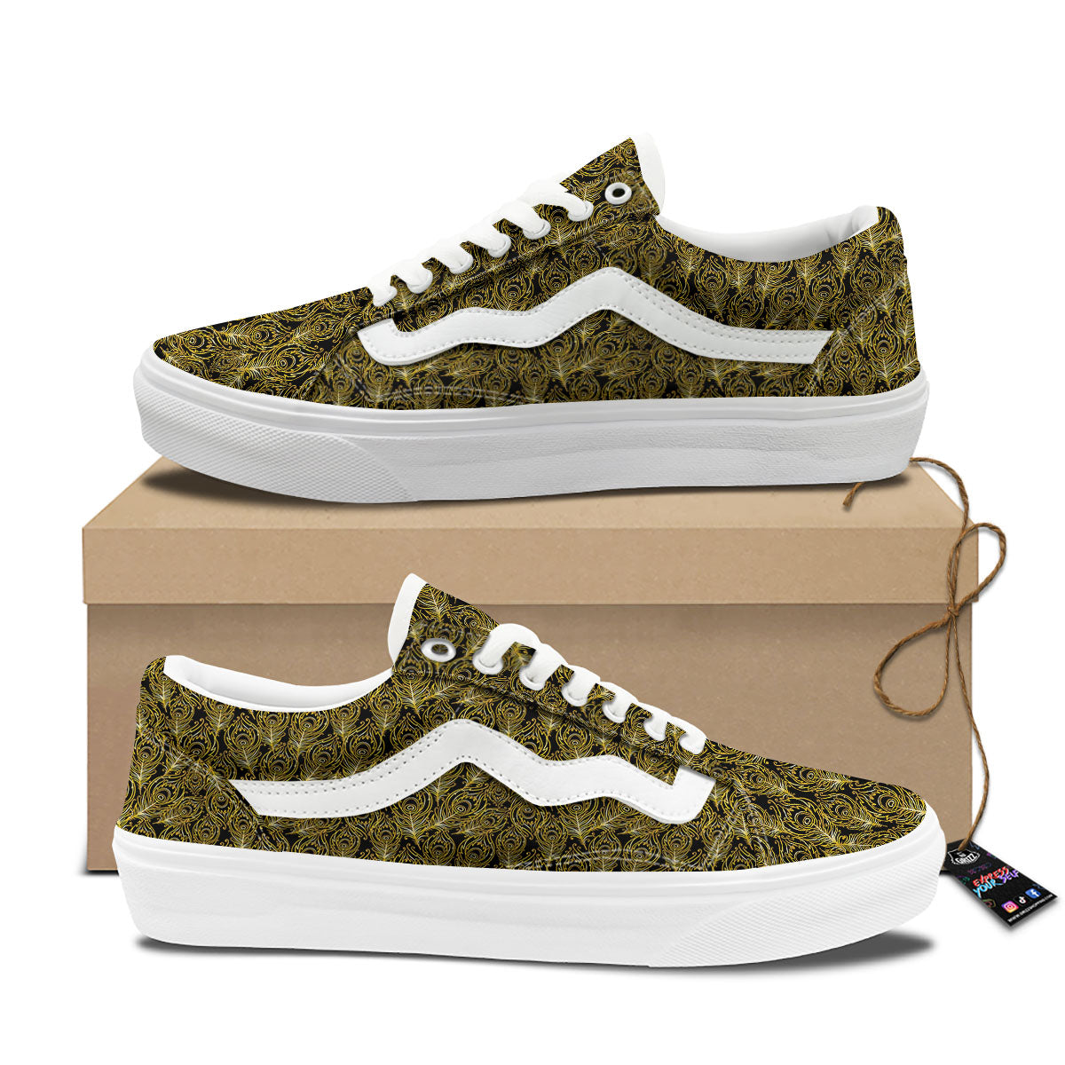 Peacock Feather Gold And Black Print Skate Shoes-grizzshop