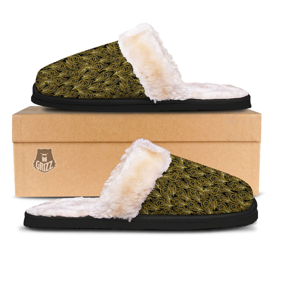 Peacock Feather Gold And Black Print Slippers-grizzshop